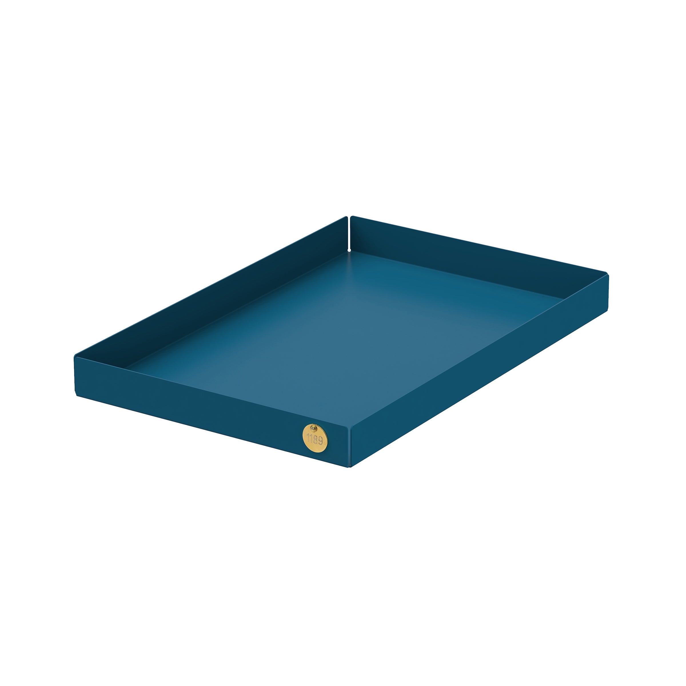 The Victor Foxtrot POI Tray L, made from powder-coated steel, features high sides and a rectangular design. A small gold circular label in one corner complements the crisp white background.