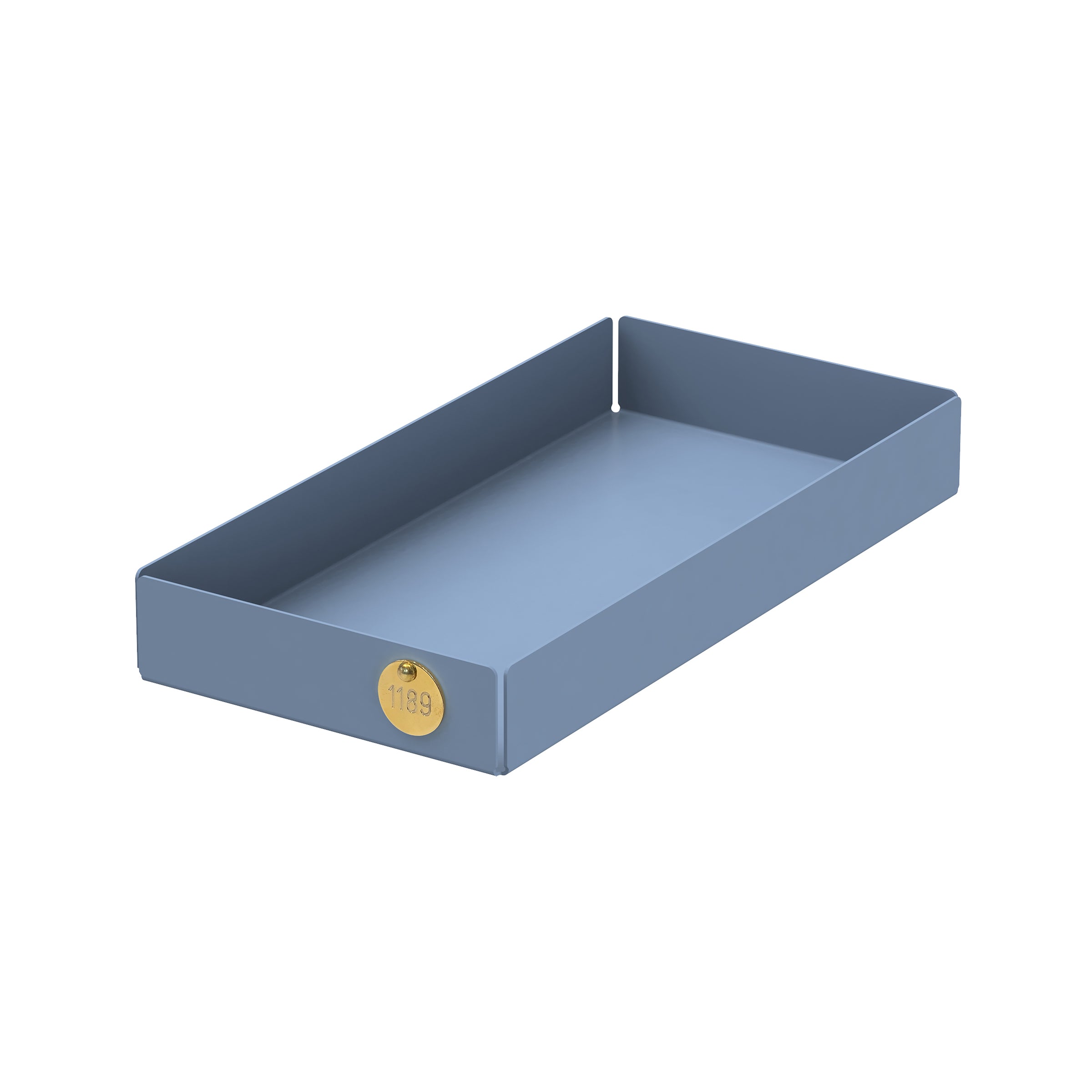 The Victor Foxtrot POI Tray M is a sleek, powder-coated steel tray in a rectangular shape with high sides and a small round gold tag labeled 1189. Its perfect for design lovers, combining style and functionality in blue.