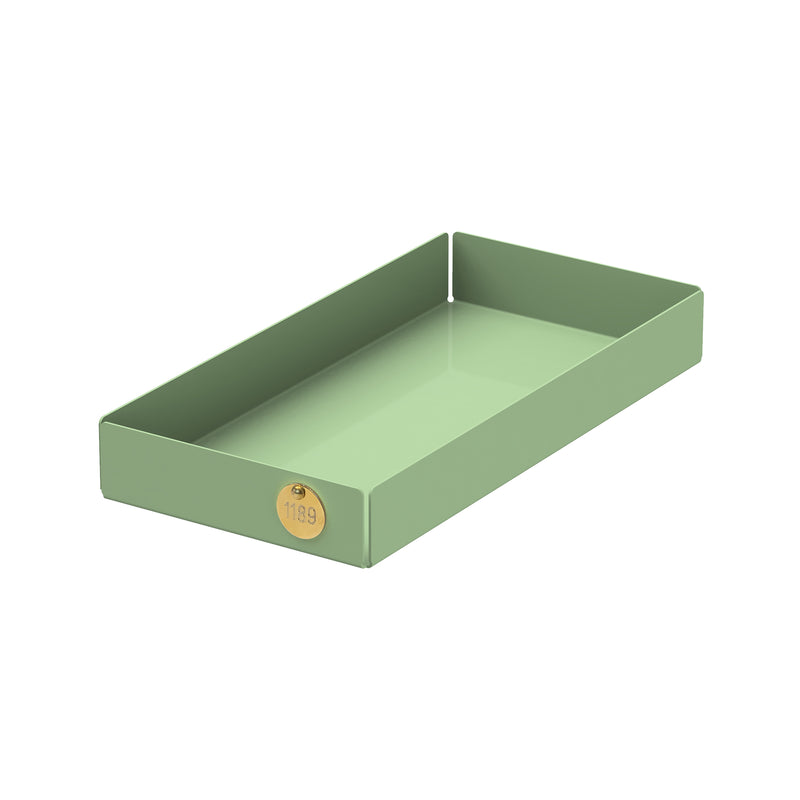 The POI Tray M by Victor Foxtrot is a green rectangular metal tray made from powder-coated steel, with raised sides and a small round gold-colored tag marked 1189 in one corner—perfect for design enthusiasts.