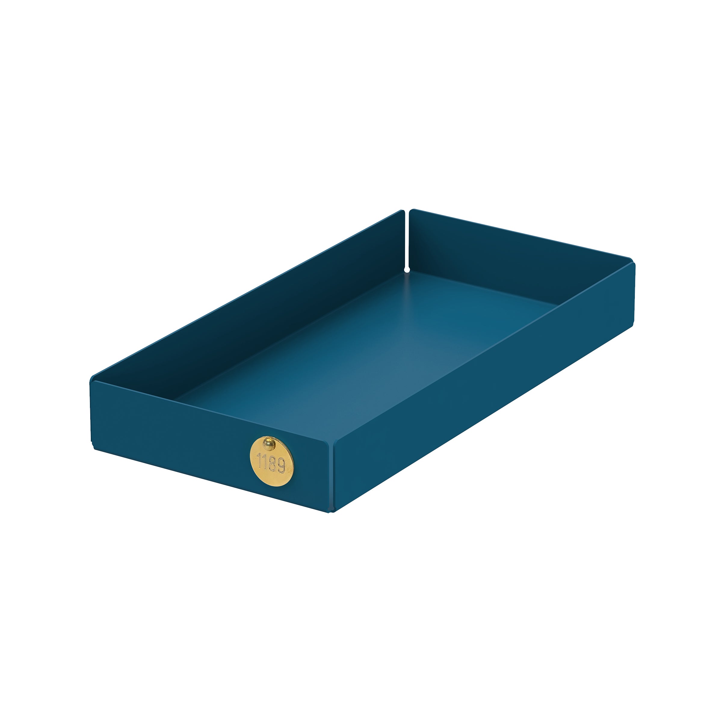 The Victor Foxtrot POI Tray M, crafted from powder-coated steel, is a rectangular masterpiece with high sides. Finished in teal, it features an oval gold label engraved with 1189, making it perfect for design enthusiasts who crave style and organization.