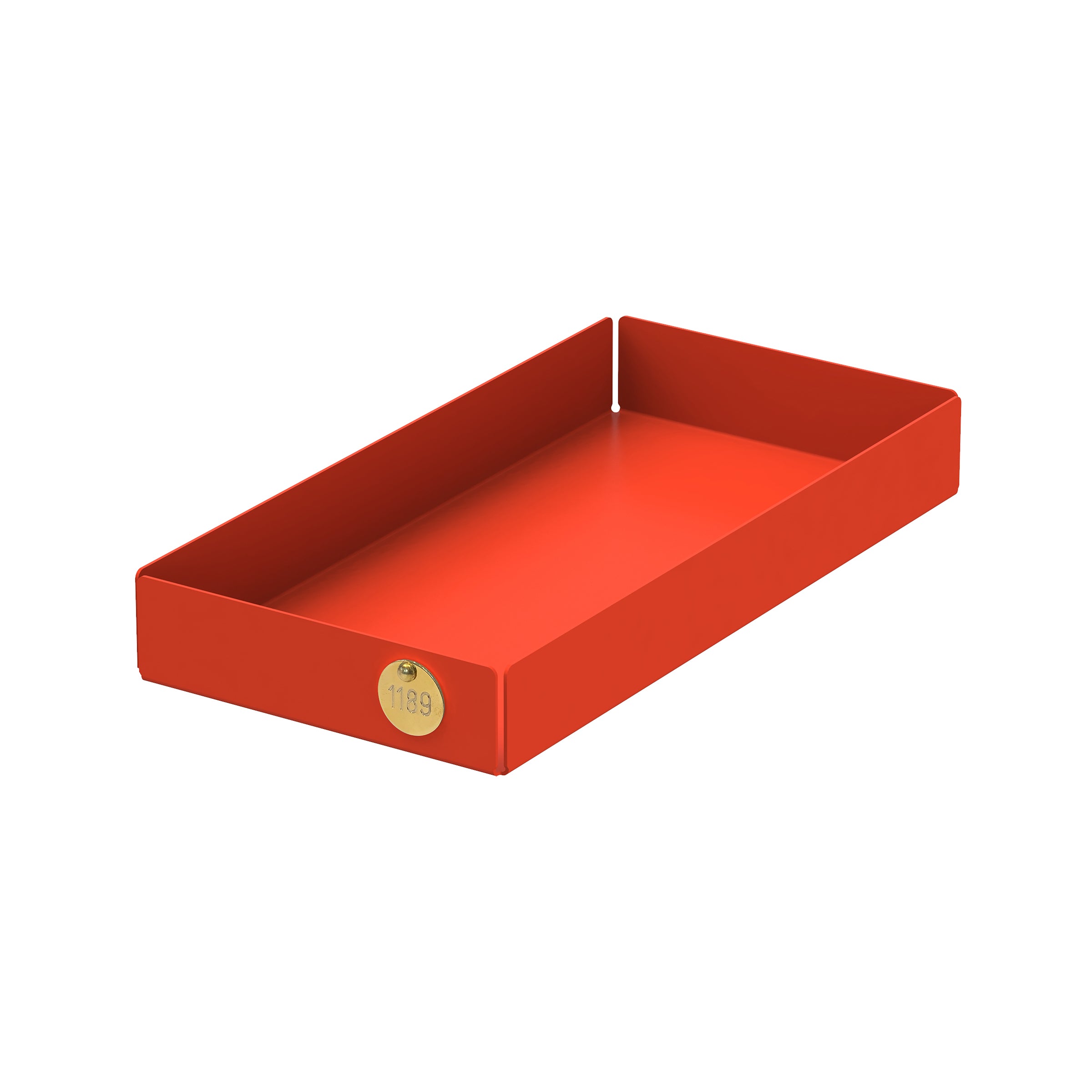The vibrant POI Tray M by Victor Foxtrot, perfect for design fans, is crafted from powder-coated steel, showcasing high sides and a small gold embellishment with 1189 on the front corner. Set against a white backdrop, it embodies elegant simplicity.