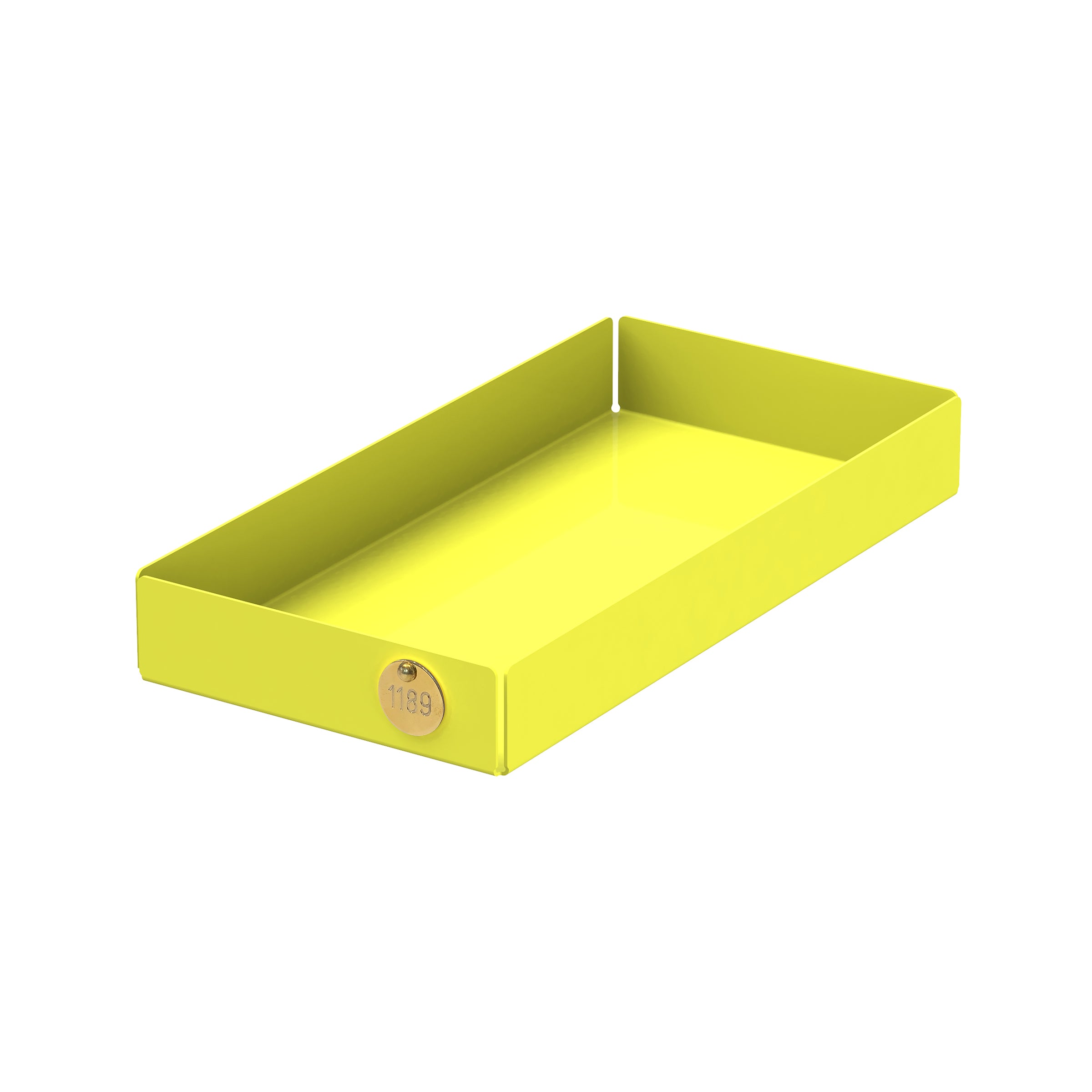 A bright yellow POI Tray M by Victor Foxtrot, crafted from powder-coated steel with slightly raised edges. A small 1189 tag is in one corner, making it ideal for design enthusiasts. The tray is rectangular, empty, and centered on a white background.