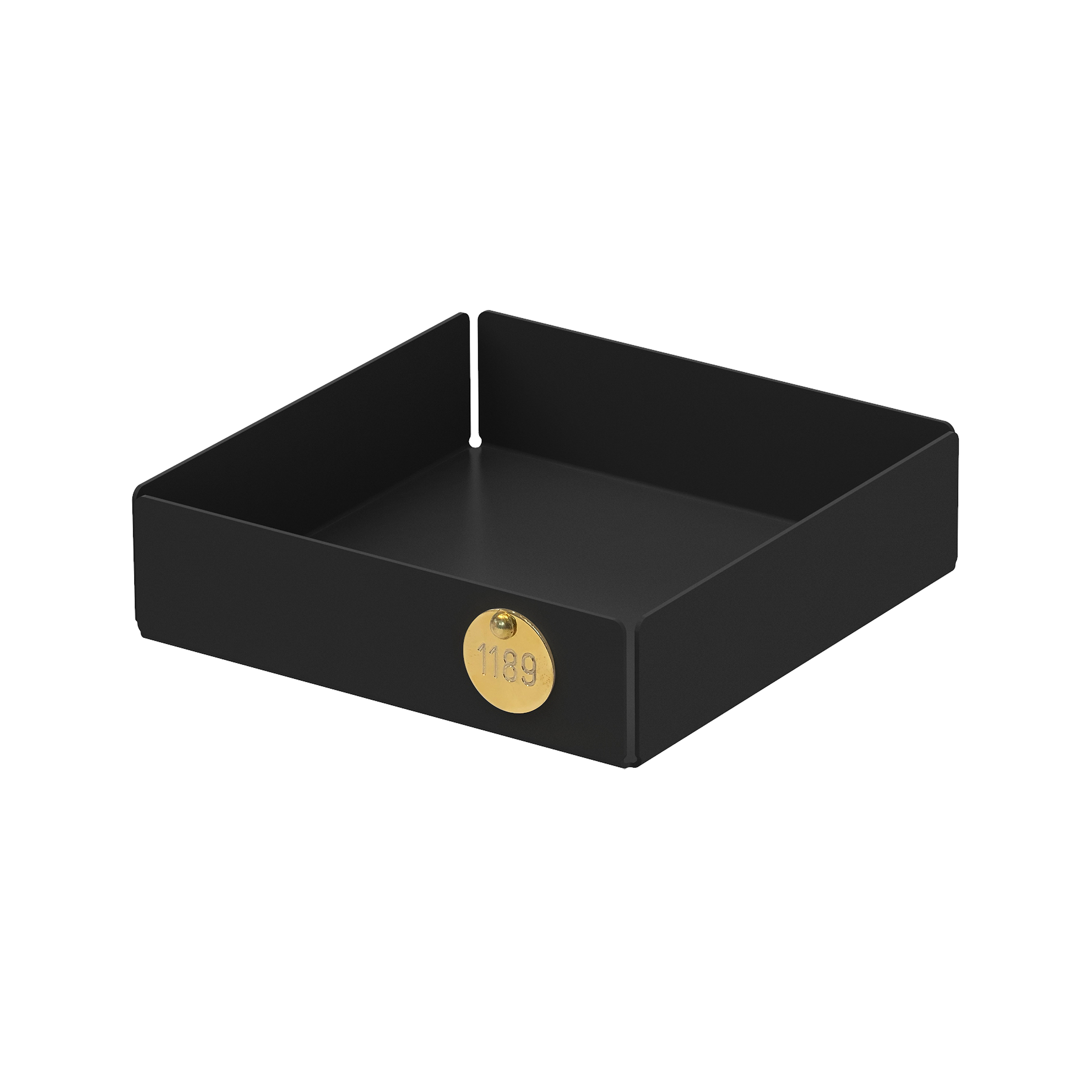 The Victor Foxtrot POI Tray S is a black square metal container with short sides made from powder-coated steel, featuring a small gold label with 1139. Ideal for design lovers, it offers a sleek, minimalist aesthetic.