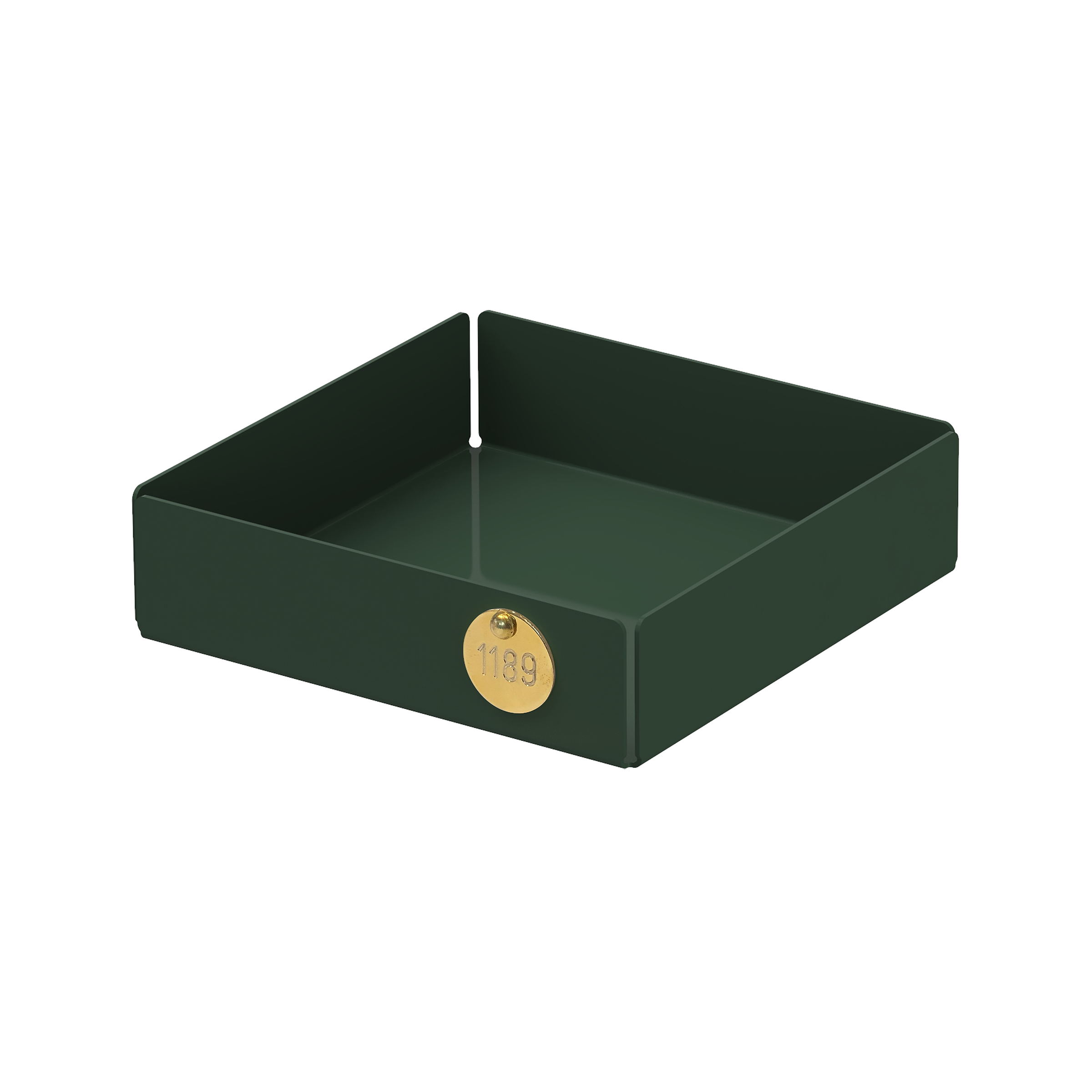 The POI Tray S by Victor Foxtrot is a dark green, square metal tray made from powder-coated steel, featuring a gold 1189 emblem. Its an elegant piece for design lovers.