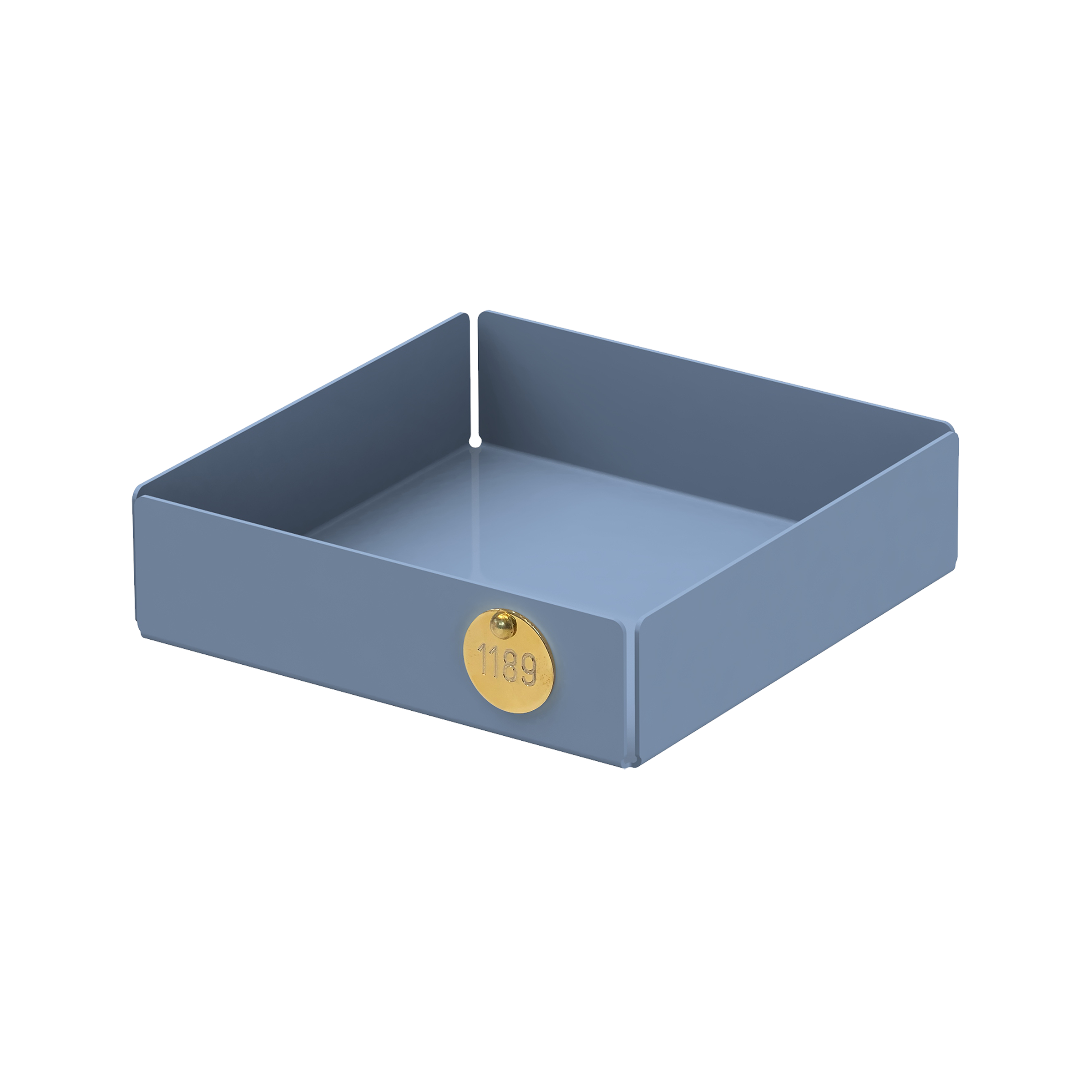 The POI Tray S by Victor Foxtrot is a square, grayish-blue powder-coated steel tray with high vertical edges and a brass label featuring 1139. Perfect for design enthusiasts, it blends form and function effortlessly against a plain white background.
