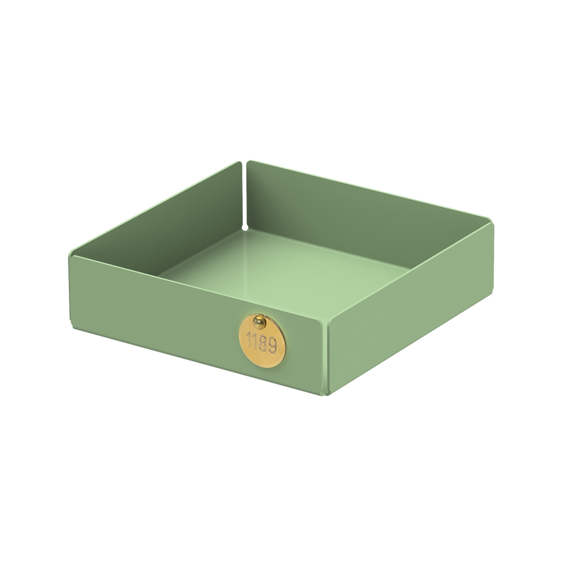 Victor Foxtrots POI Tray S is a stylish, green square tray made from powder-coated steel with raised edges and an engraved circular metal tag labeled 1189. Ideal for design lovers, it sits empty against a plain white background.