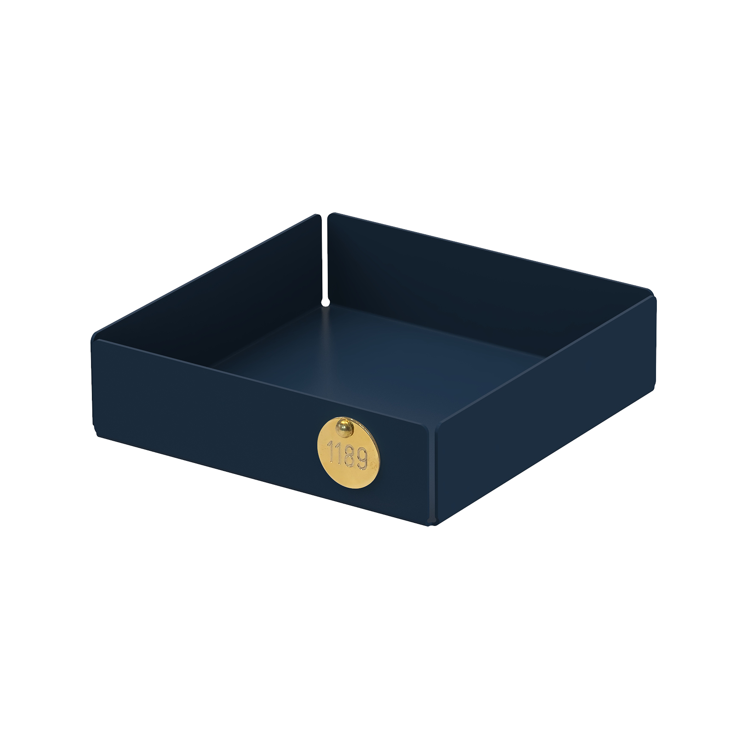 The POI Tray S by Victor Foxtrot is a square, dark blue desk organizer crafted from powder-coated steel, featuring a gold 1189 label. With clean, minimalist lines, its ideal for design enthusiasts seeking an elegant way to store papers or small items.