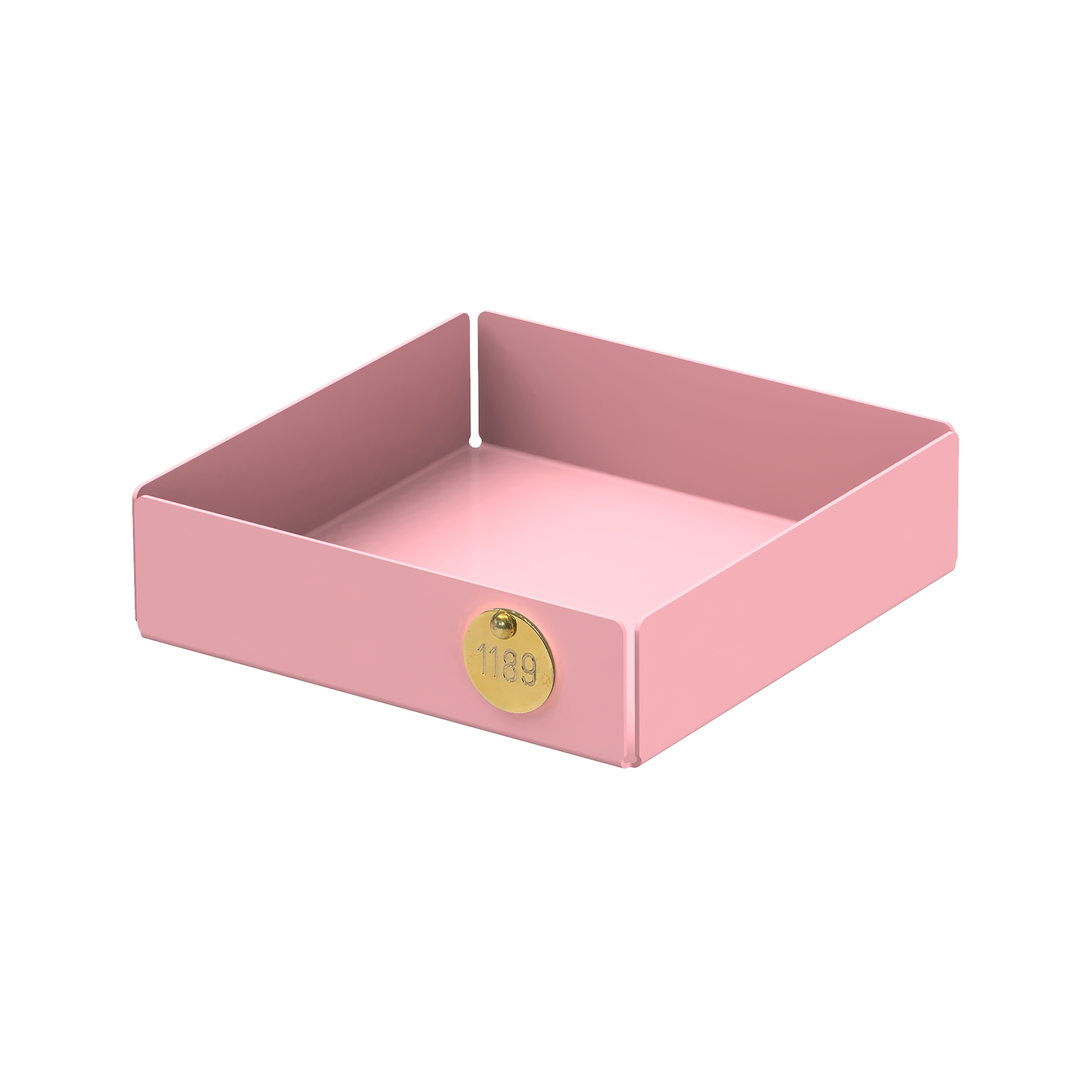 The POI Tray S by Victor Foxtrot is a simple square pink powder-coated steel desk tray with low sides, perfect for organizing papers. Featuring a small circular 1139 label on the corner, its ideal for design lovers and stands out against a plain white background.