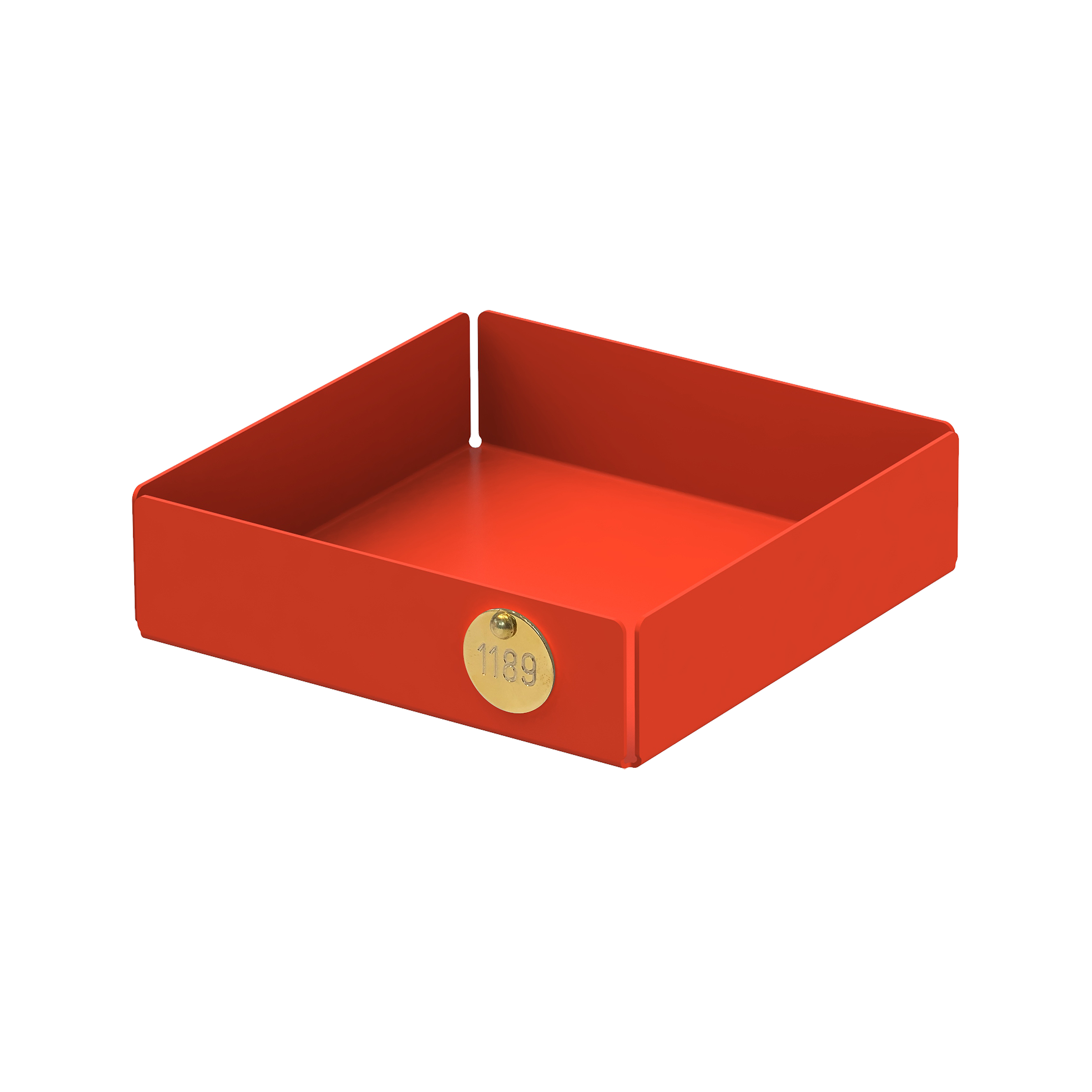 The POI Tray S by Victor Foxtrot is a red, open-top rectangular box with angled sides, designed for design lovers. Made from powder-coated steel, it sports a small circular gold label displaying the number 1189 on one side.