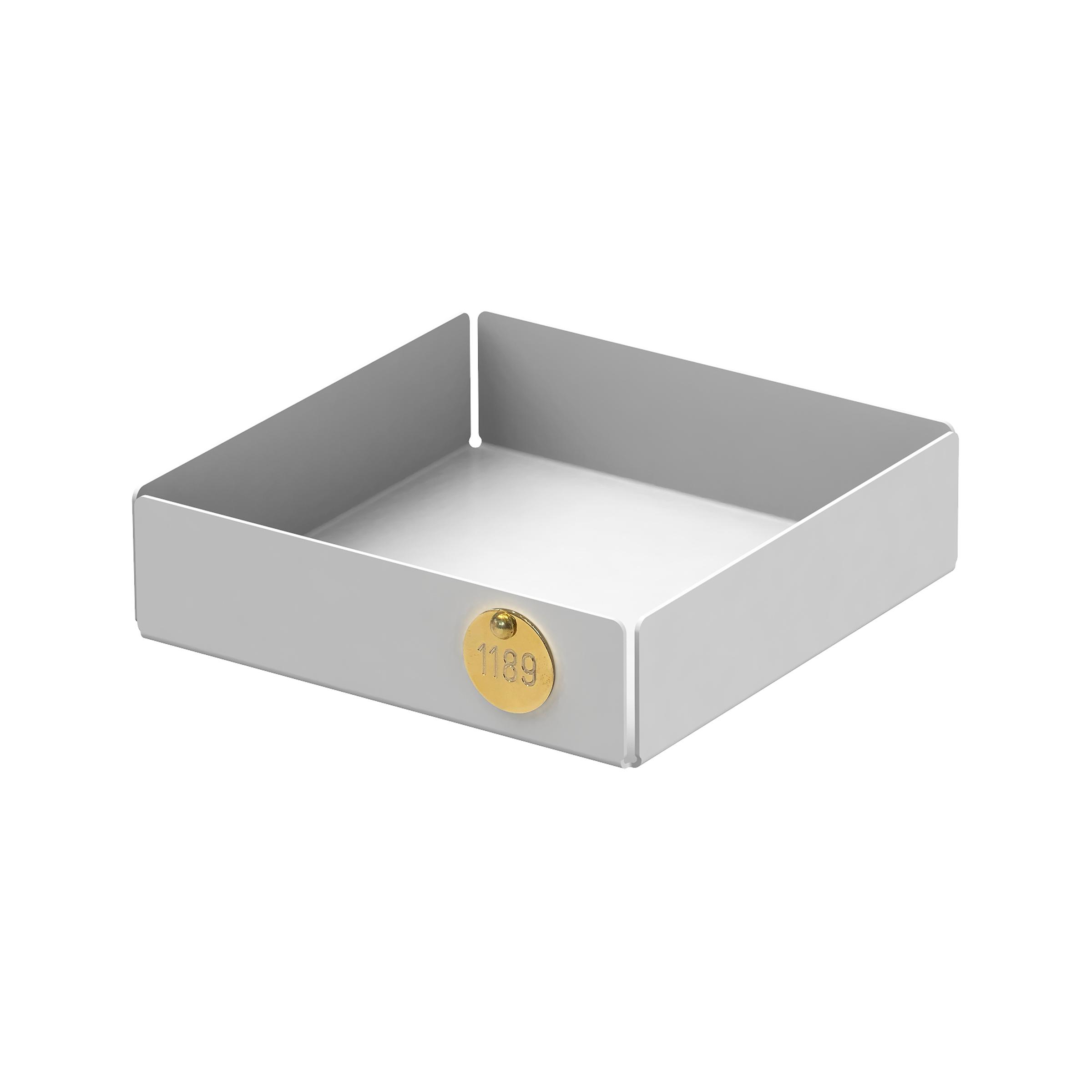 The POI Tray S by Victor Foxtrot is a square, gray powder-coated steel container with short walls and a round, gold-colored label with the number 1189. Ideal for minimalist design lovers, it sits empty on a plain background.