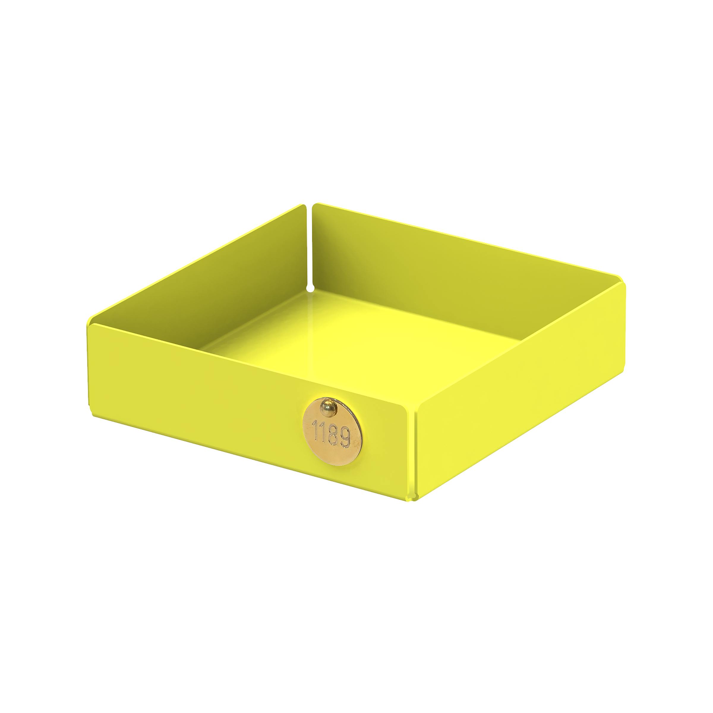 The POI Tray S by Victor Foxtrot is a lime green, powder-coated steel square tray with raised edges and a small 1189 label. Perfect for design lovers, it sits empty against a plain white background, showcasing its sleek elegance.