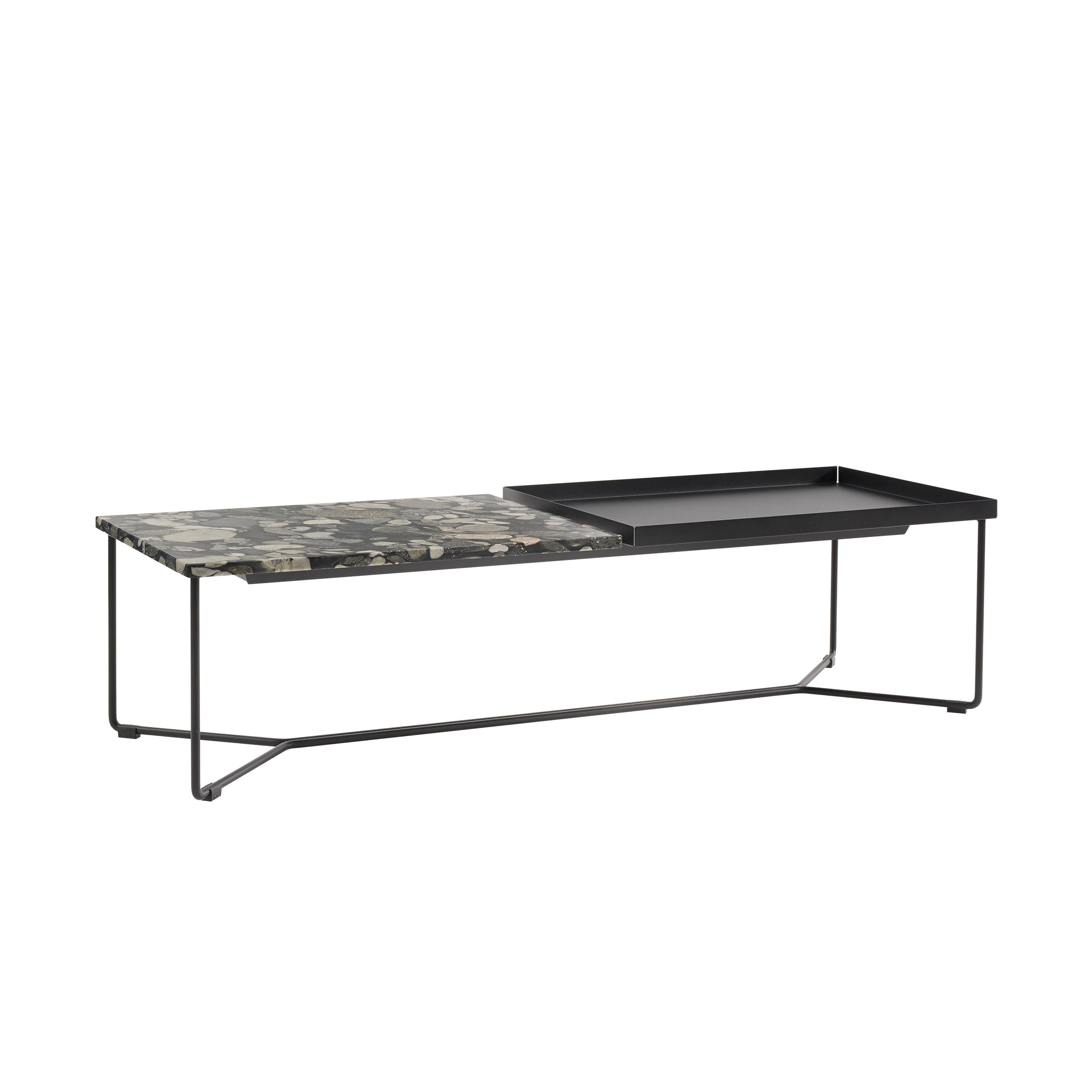 The Victor Foxtrot POI DOUBLE MARBLE Coffee Table showcases two sections: a black, white, and gray Carrara venatino marble surface alongside a sleek rectangular black tray, all supported by a minimalist metal frame with thin legs for an elegant modern look.