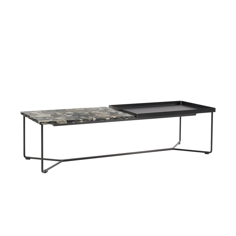 The Victor Foxtrot POI DOUBLE MARBLE Coffee Table showcases two sections: a black, white, and gray Carrara venatino marble surface alongside a sleek rectangular black tray, all supported by a minimalist metal frame with thin legs for an elegant modern look.