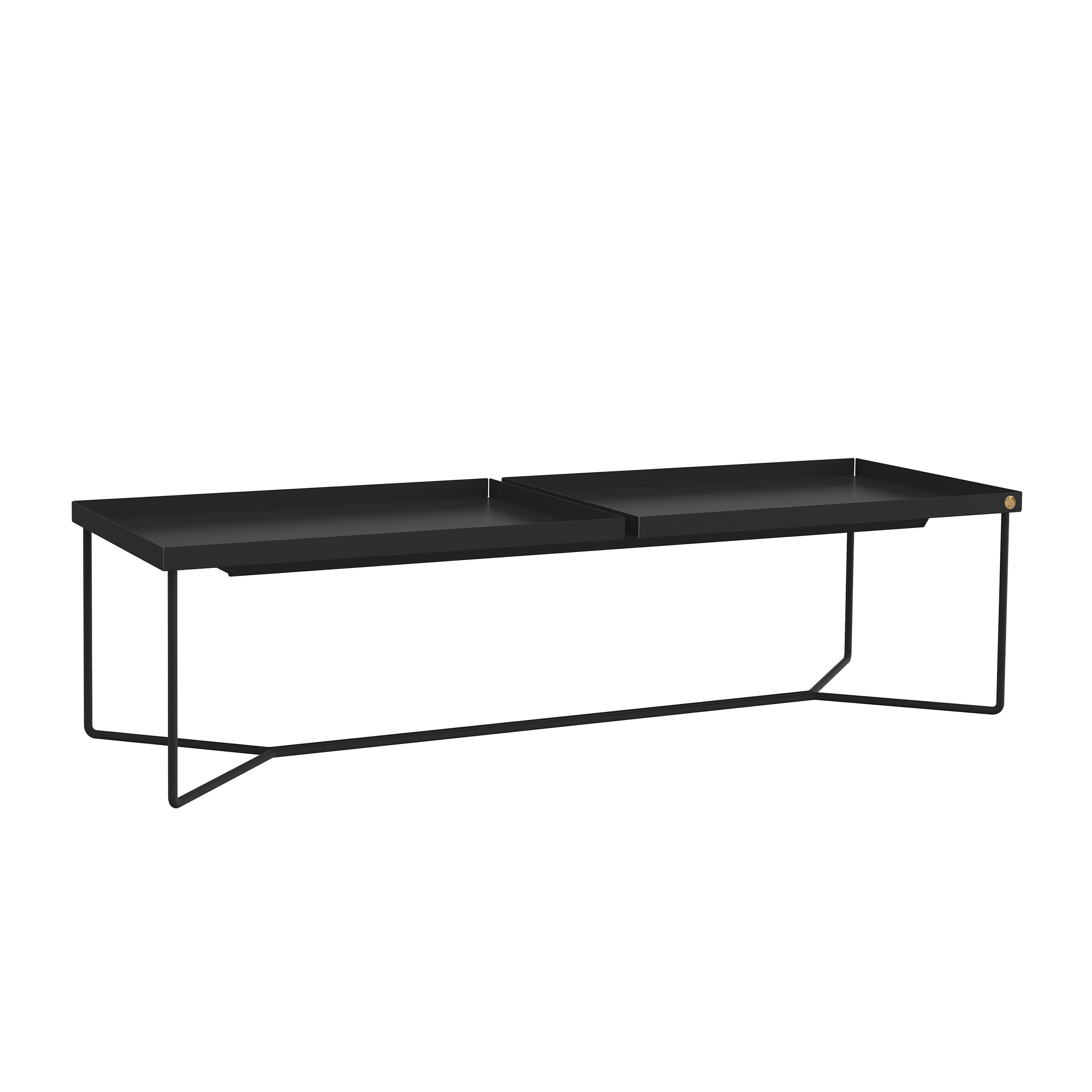Victor Foxtrots POI DOUBLE Coffee Table is a contemporary piece with a sleek, minimalist design. It has a rectangular top with leather inlays and geometric metal legs made from sturdy steel, complemented by a subtle raised edge for added sophistication.