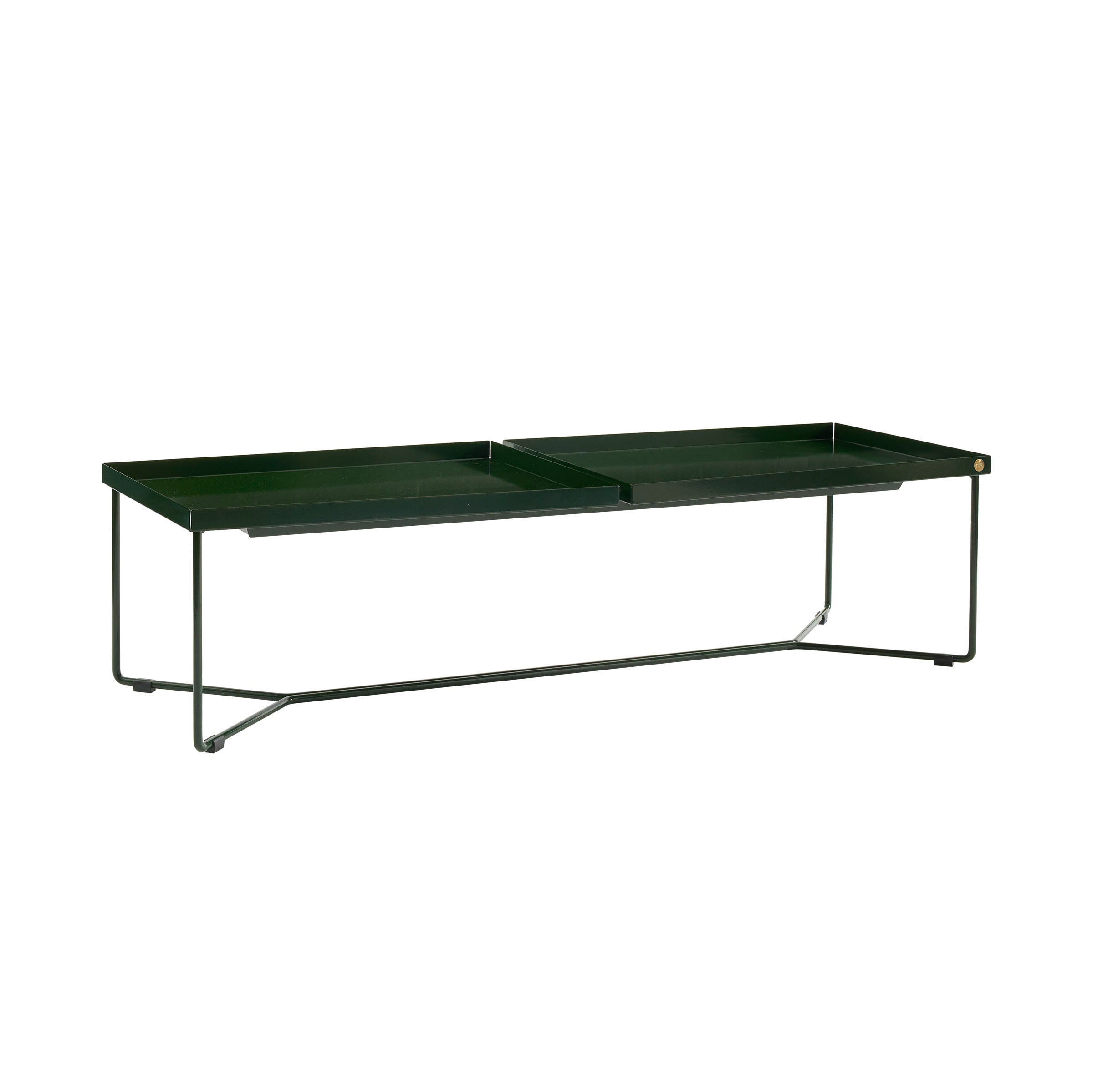 Introducing Victor Foxtrots POI DOUBLE Coffee Table: a minimalist masterpiece with a green rectangular top, divided into two sections, featuring a sleek steel frame and simple geometric supports. Enhance your space with its sophisticated blend of modern style and functionality.