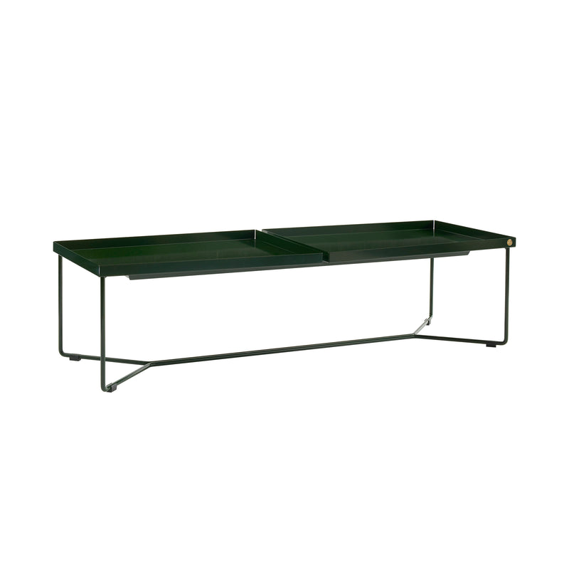 Introducing Victor Foxtrots POI DOUBLE Coffee Table: a minimalist masterpiece with a green rectangular top, divided into two sections, featuring a sleek steel frame and simple geometric supports. Enhance your space with its sophisticated blend of modern style and functionality.