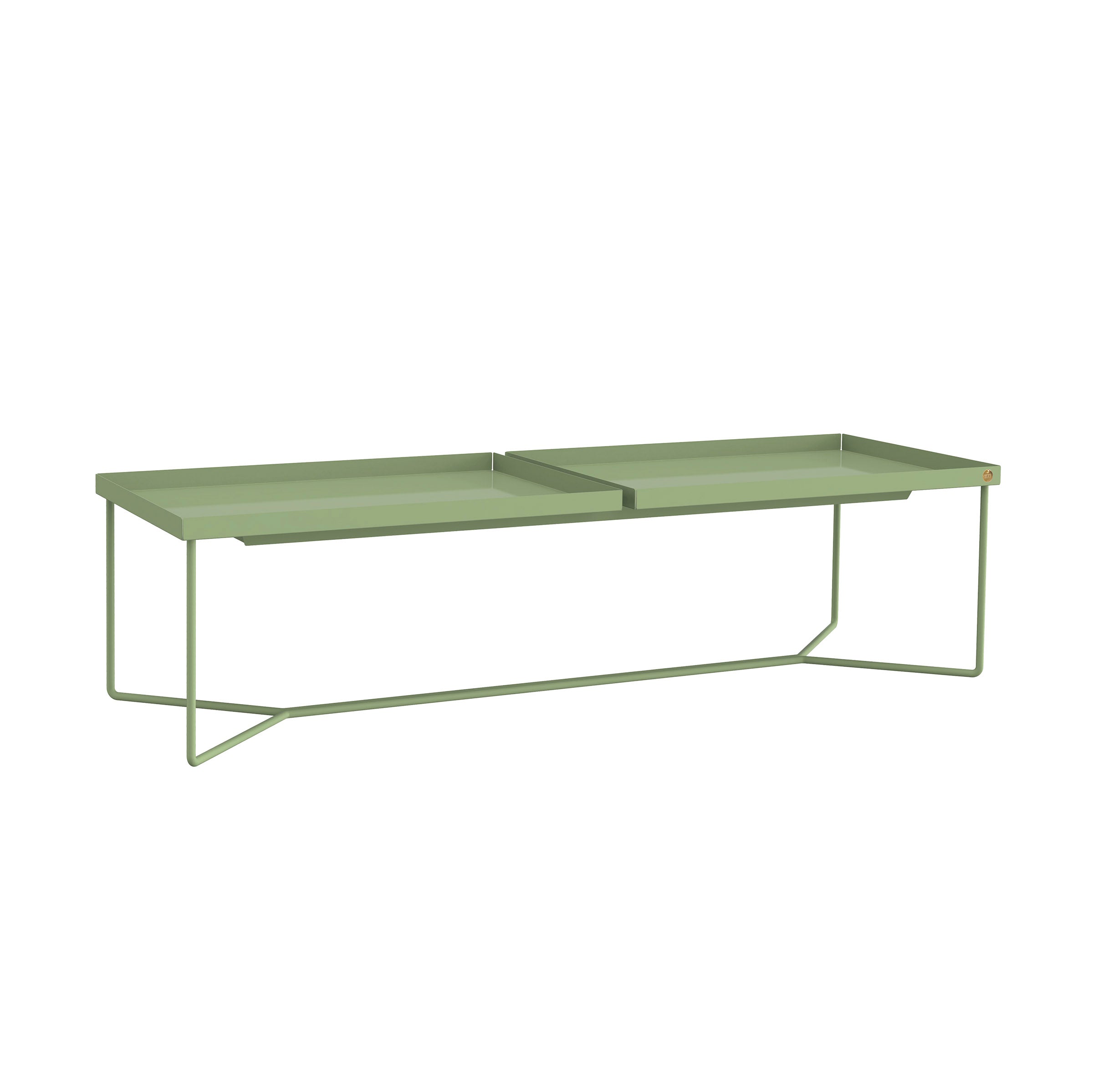 The POI DOUBLE Coffee Table by Victor Foxtrot is a minimalist rectangular design with dual trays and a slim steel frame, offering both functionality and style. It features a modern light green finish, enhancing its aesthetic appeal.