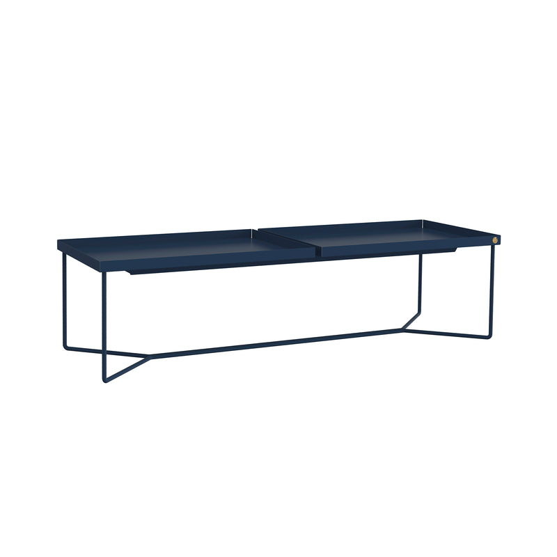 The Victor Foxtrot POI DOUBLE coffee table features a sleek minimalist design with leather inlays, a modern blue rectangular top, and thin metal legs forming a geometric base, all set against a plain white background.