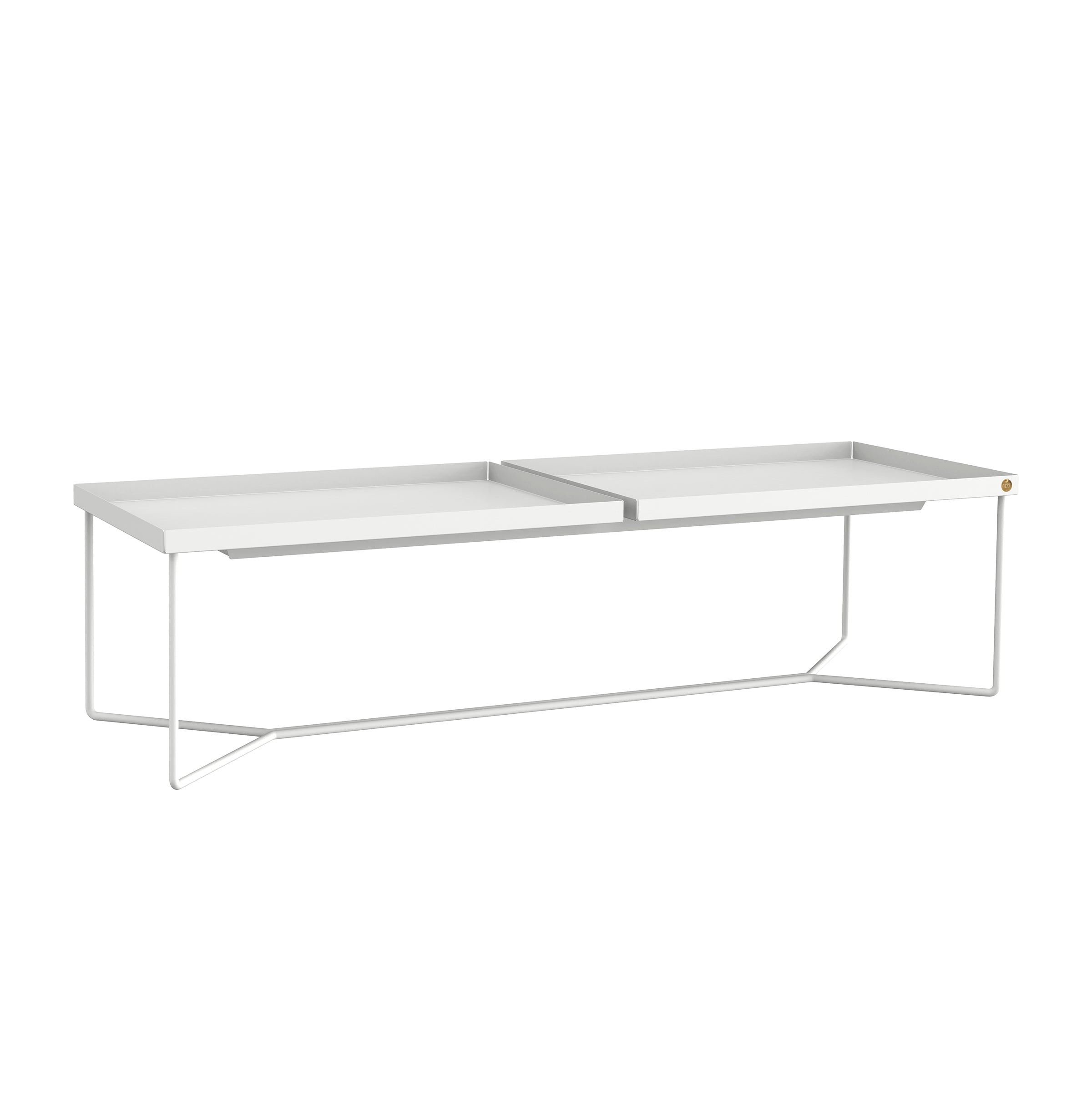 The Victor Foxtrot POI DOUBLE Coffee Table offers a minimalist design with two rectangular surfaces, a thin angular steel frame, and luxurious leather inlays.