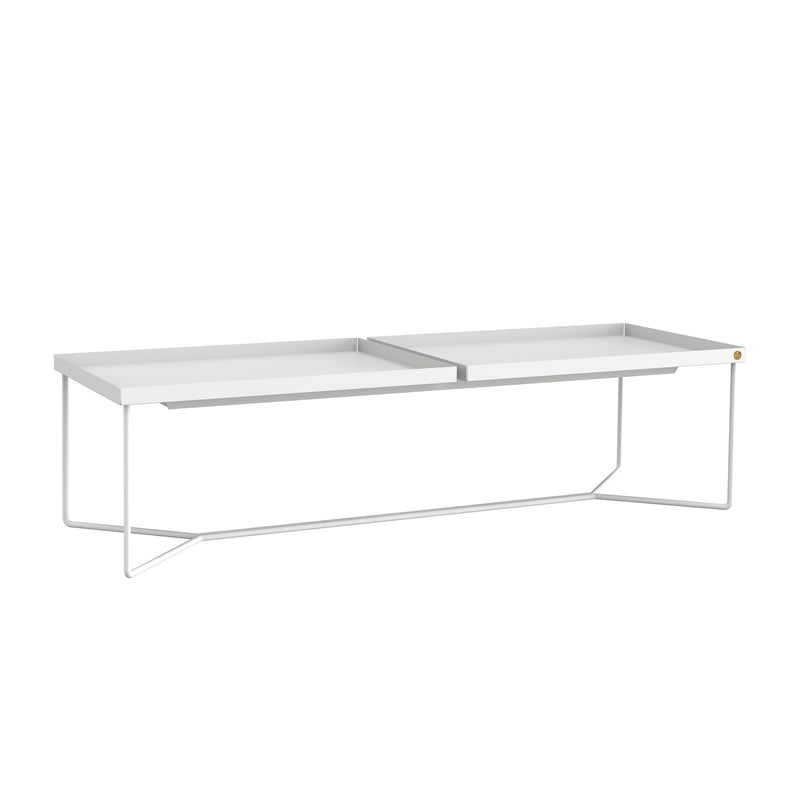The Victor Foxtrot POI DOUBLE Coffee Table offers a minimalist design with two rectangular surfaces, a thin angular steel frame, and luxurious leather inlays.