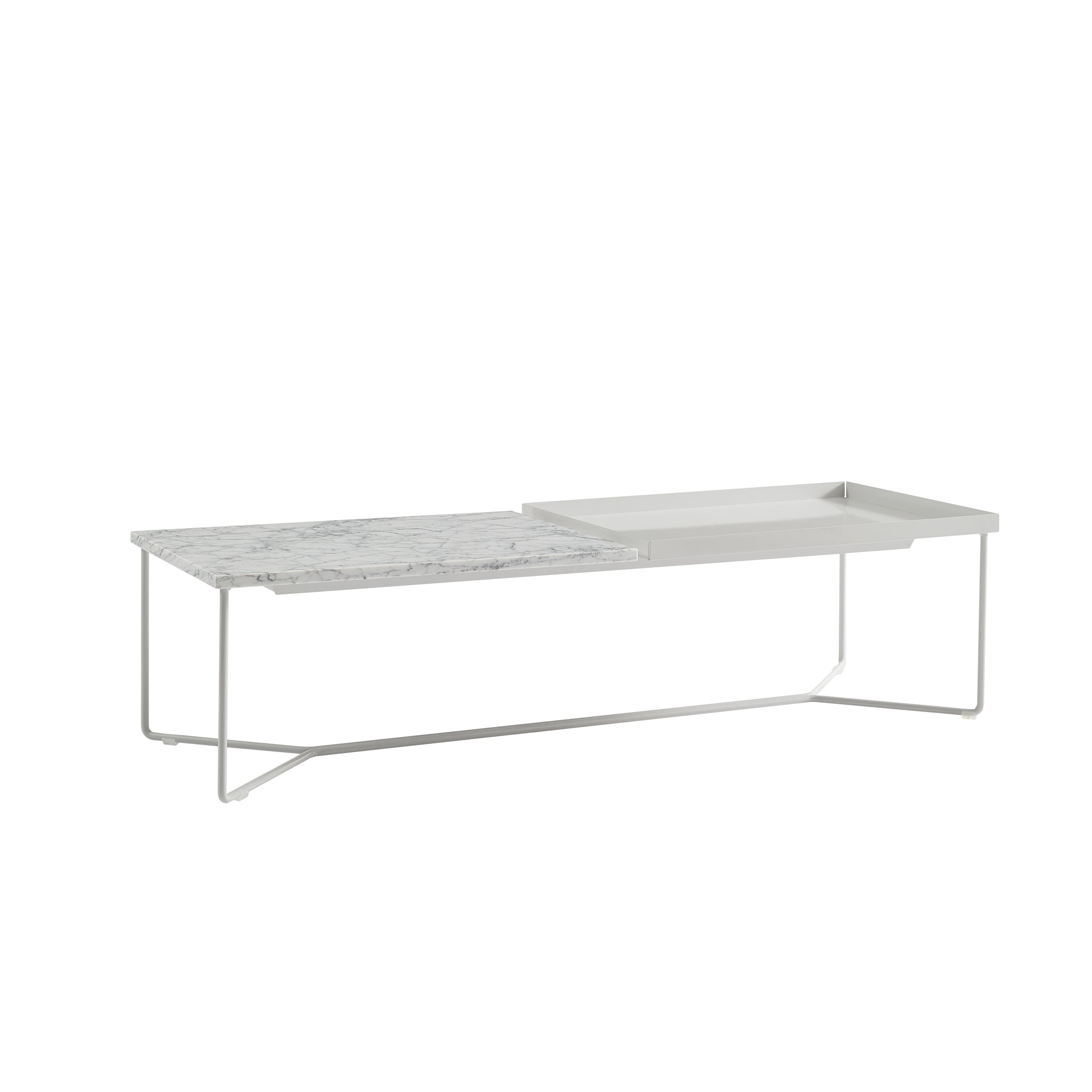 Introducing the POI DOUBLE MARBLE Coffee Table by Victor Foxtrot: a modern rectangular coffee table with Carrara venatino marble, a flat white tray, and a minimalist light gray steel frame.