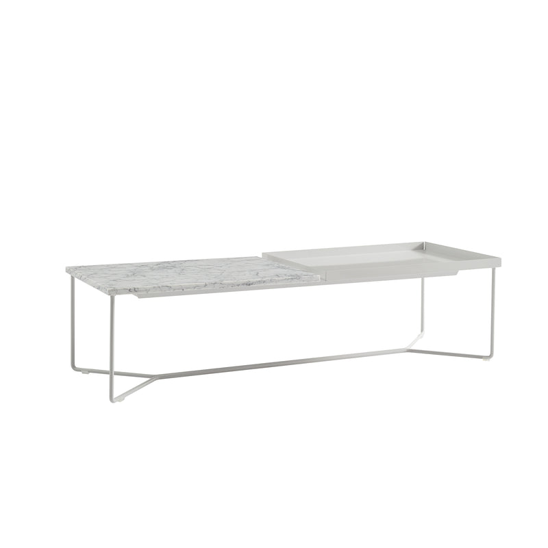 Introducing the POI DOUBLE MARBLE Coffee Table by Victor Foxtrot: a modern rectangular coffee table with Carrara venatino marble, a flat white tray, and a minimalist light gray steel frame.