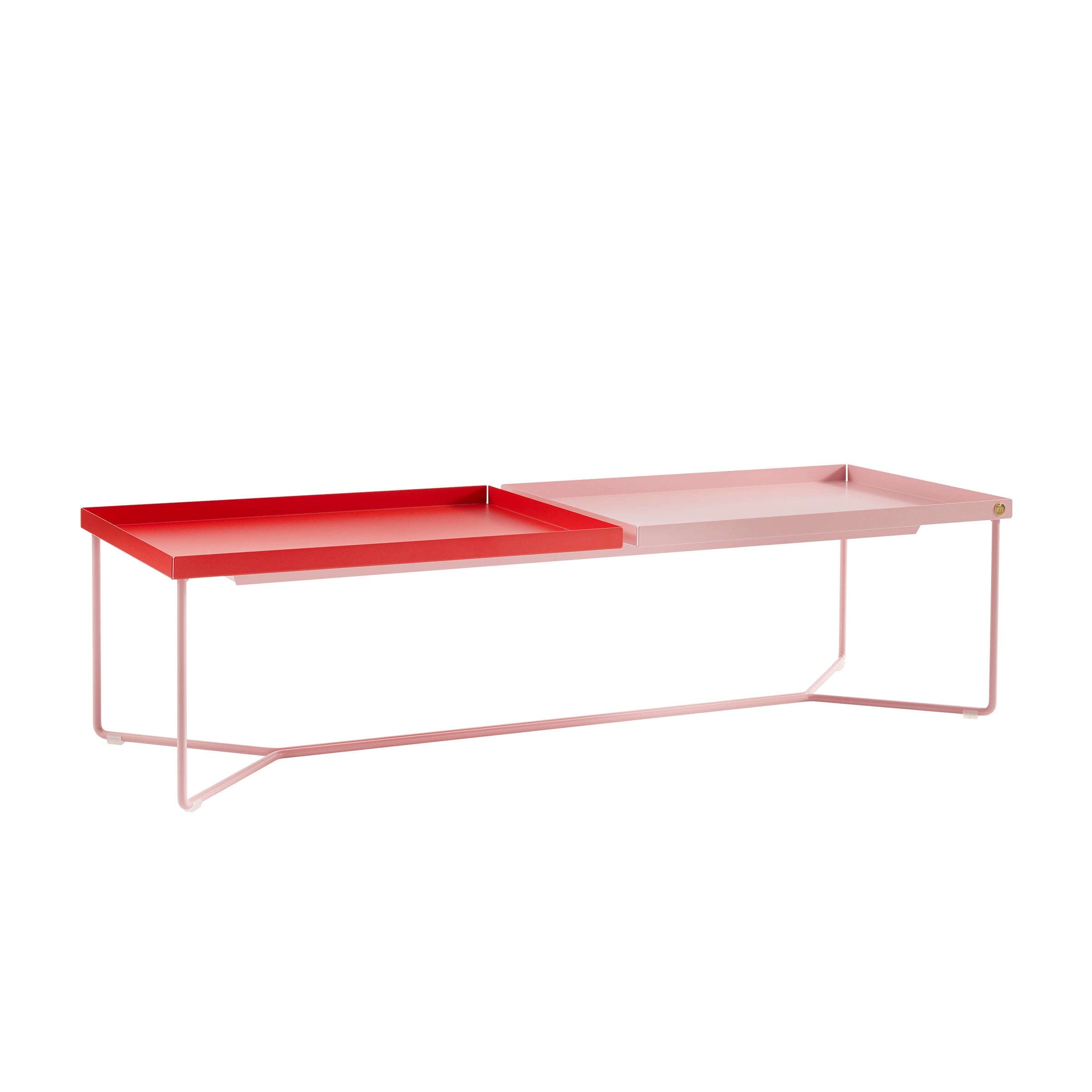 The Victor Foxtrot POI DOUBLE Coffee Table features a modern design with dual rectangular surfaces in vibrant red and light pink. Its supported by a minimalist steel frame with slender light pink metal legs, making it a stylish addition to any contemporary living space.