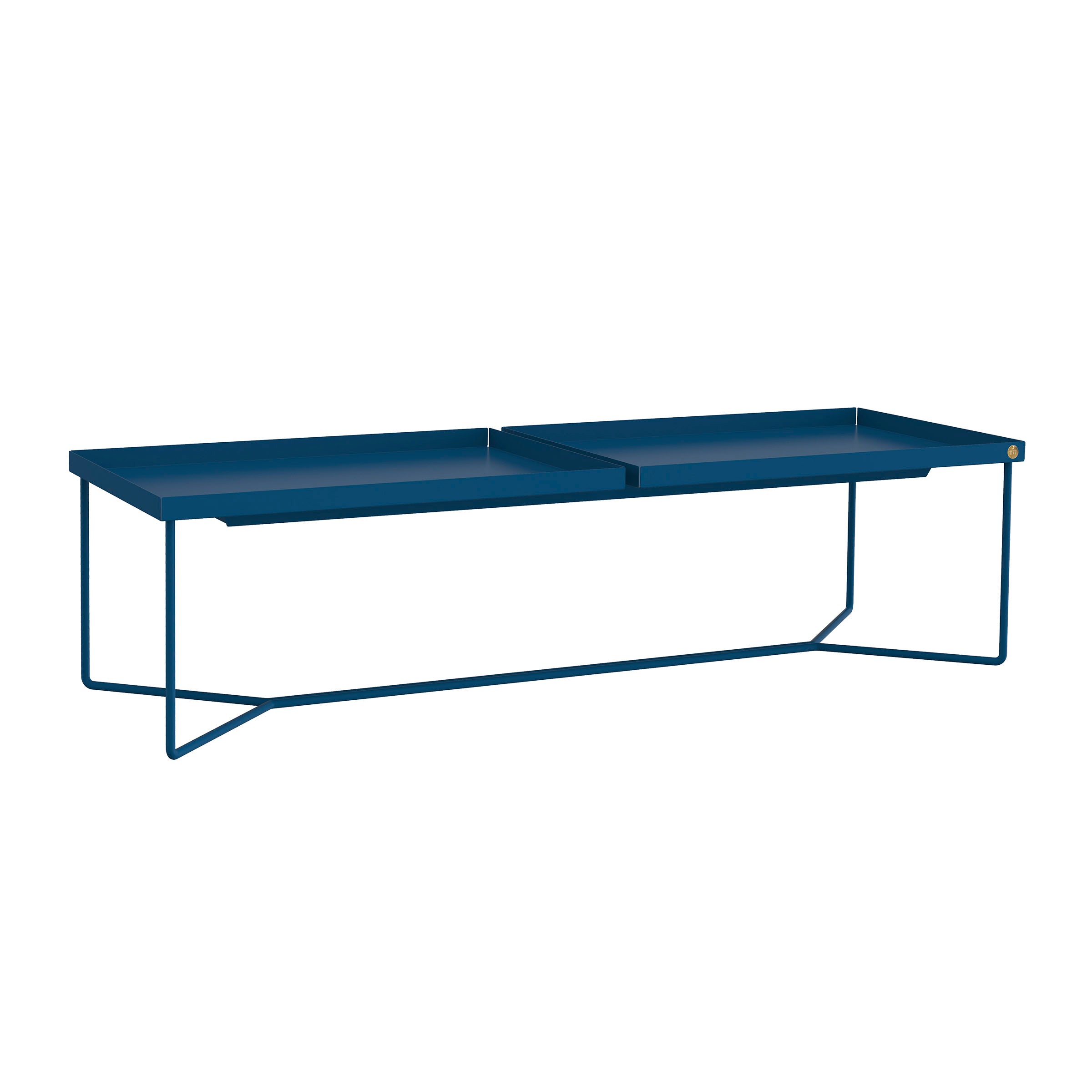 Presenting the POI DOUBLE Coffee Table by Victor Foxtrot, featuring a modern minimalist design with a blue metal rectangular top and an elegant open steel frame accentuated by angled rods.