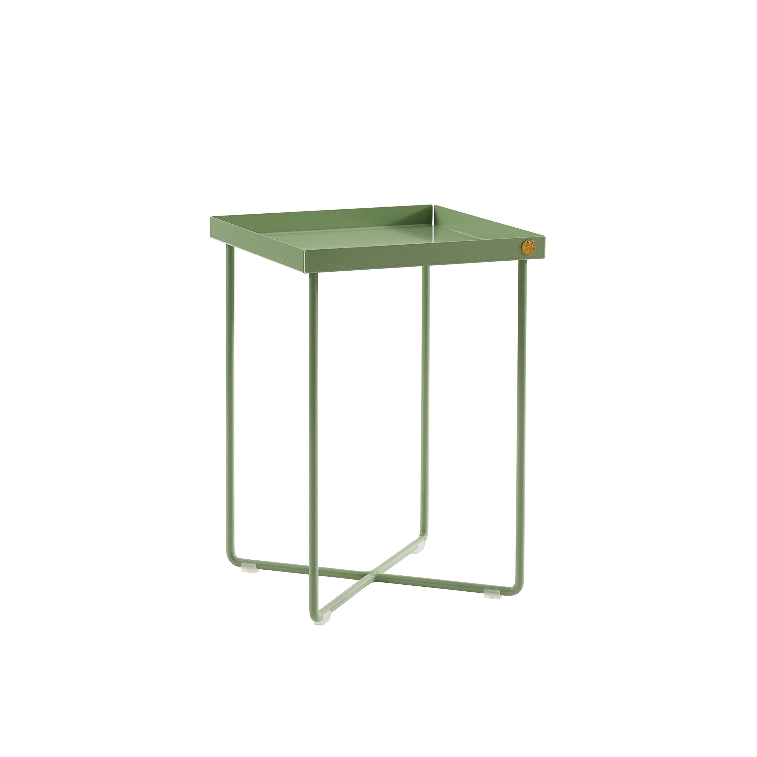 The POI MINI Side Table by Victor Foxtrot is a sleek green square table featuring a tray-like top with slender legs in an X-shaped base, ideal as a stylish bedside option.