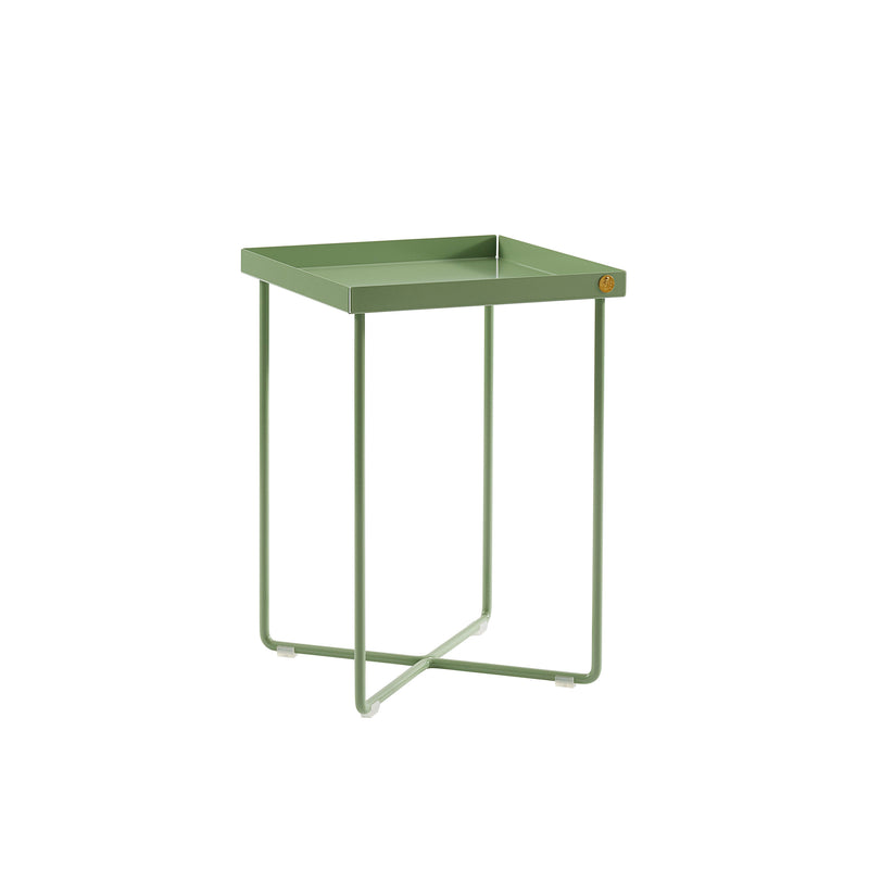 The POI MINI Side Table by Victor Foxtrot is a sleek green square table featuring a tray-like top with slender legs in an X-shaped base, ideal as a stylish bedside option.