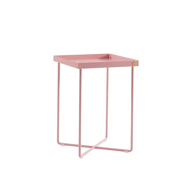 The POI MINI Side Table by Victor Foxtrot showcases a pink metal frame and tabletop, with legs bent in a modern geometric design, making it a sleek and minimalist bedside companion.