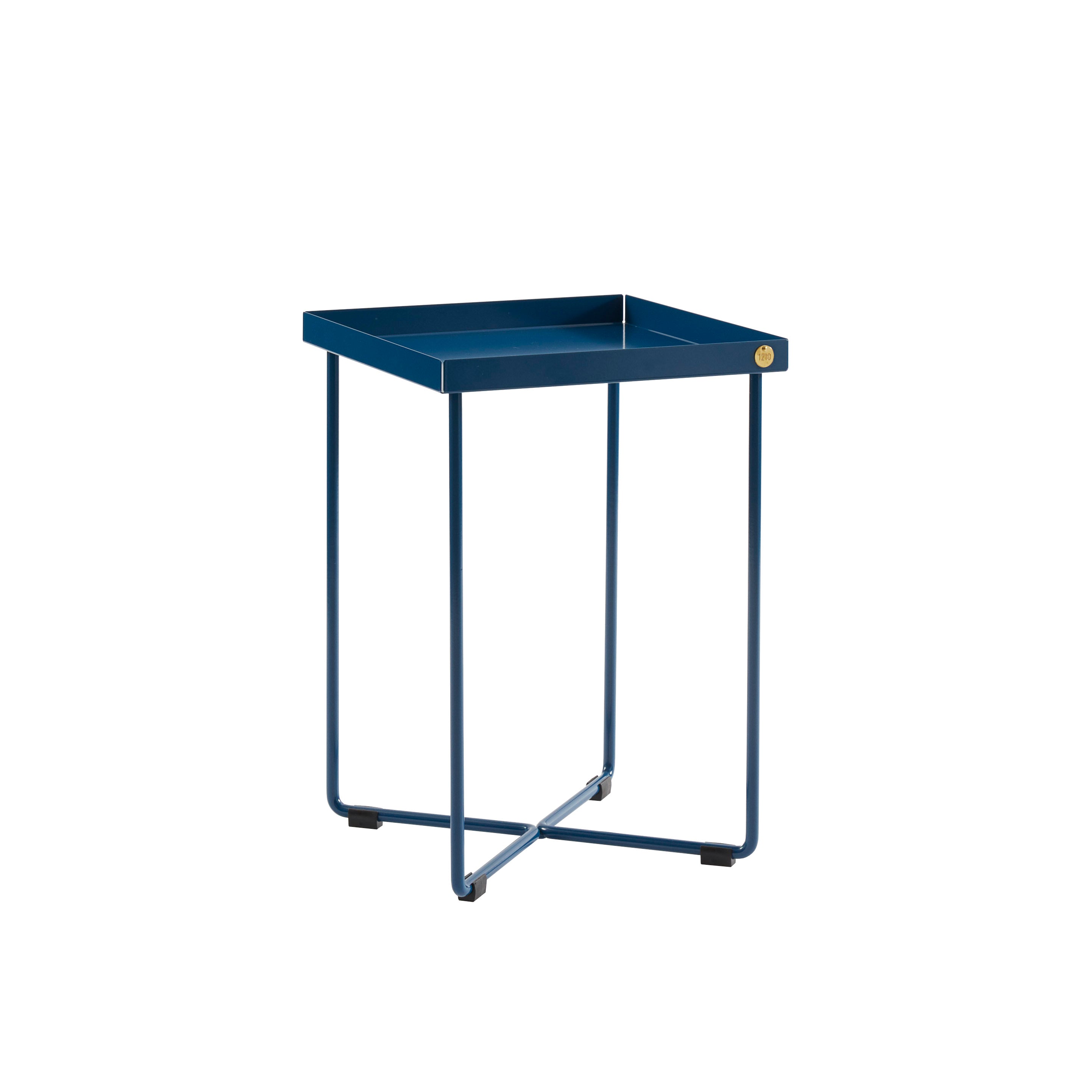 The POI MINI Side Table by Victor Foxtrot is a small, modern piece featuring a square, deep blue tray top and slender metal legs, offering a minimalist and stylish design.
