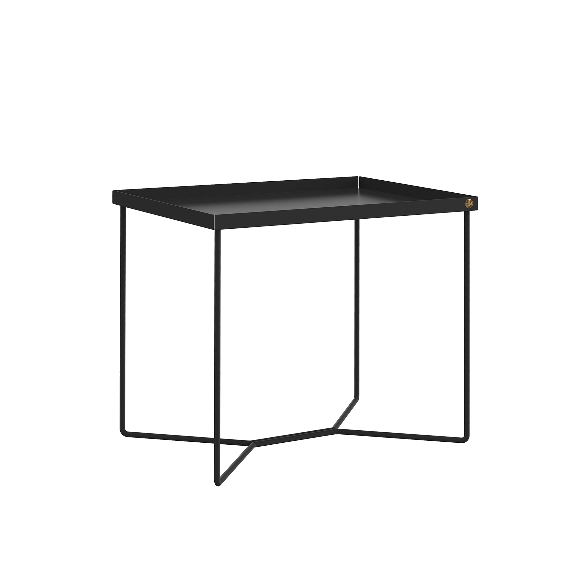 The POI SINGLE Side Table by Victor Foxtrot is a minimalist black metal piece made from powder-coated steel. It features a square top with thin geometric legs, making it an ideal chic coffee table for contemporary interiors.