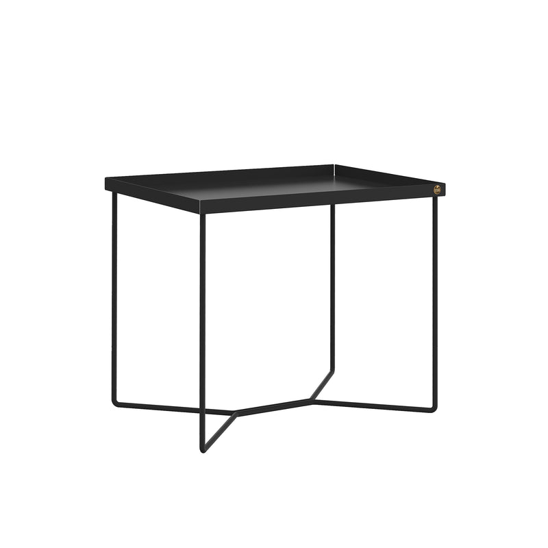 The POI SINGLE Side Table by Victor Foxtrot is a minimalist black metal piece made from powder-coated steel. It features a square top with thin geometric legs, making it an ideal chic coffee table for contemporary interiors.