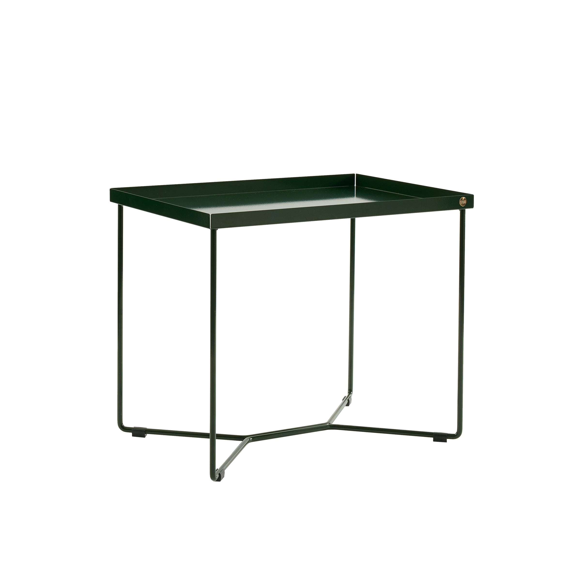 The POI SINGLE Side Table by Victor Foxtrot is a sleek, dark green piece with a rectangular surface and sturdy powder-coated steel legs. Its minimalistic design, featuring a raised edge and crossbar support, makes it perfect as a versatile coffee table for both indoor and outdoor use.