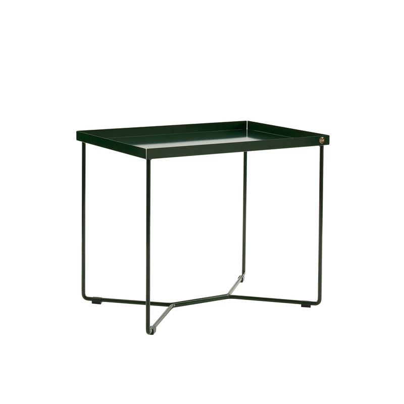 The POI SINGLE Side Table by Victor Foxtrot is a sleek, dark green piece with a rectangular surface and sturdy powder-coated steel legs. Its minimalistic design, featuring a raised edge and crossbar support, makes it perfect as a versatile coffee table for both indoor and outdoor use.