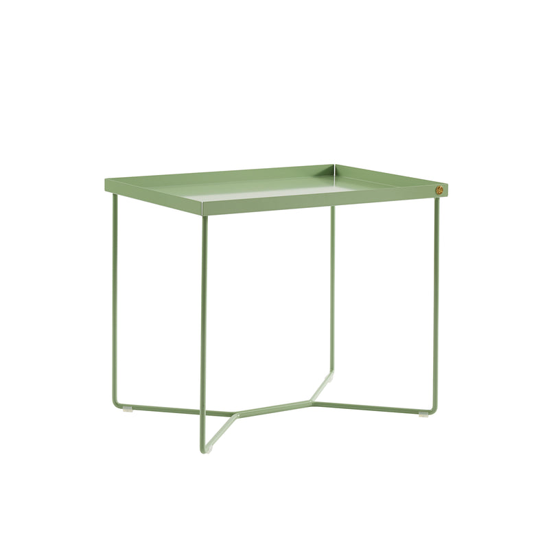The POI SINGLE Side Table by Victor Foxtrot boasts a sleek green rectangular tray top and slim powder-coated steel legs, highlighted by a small circular detail on one corner, making it ideal as a compact coffee table.