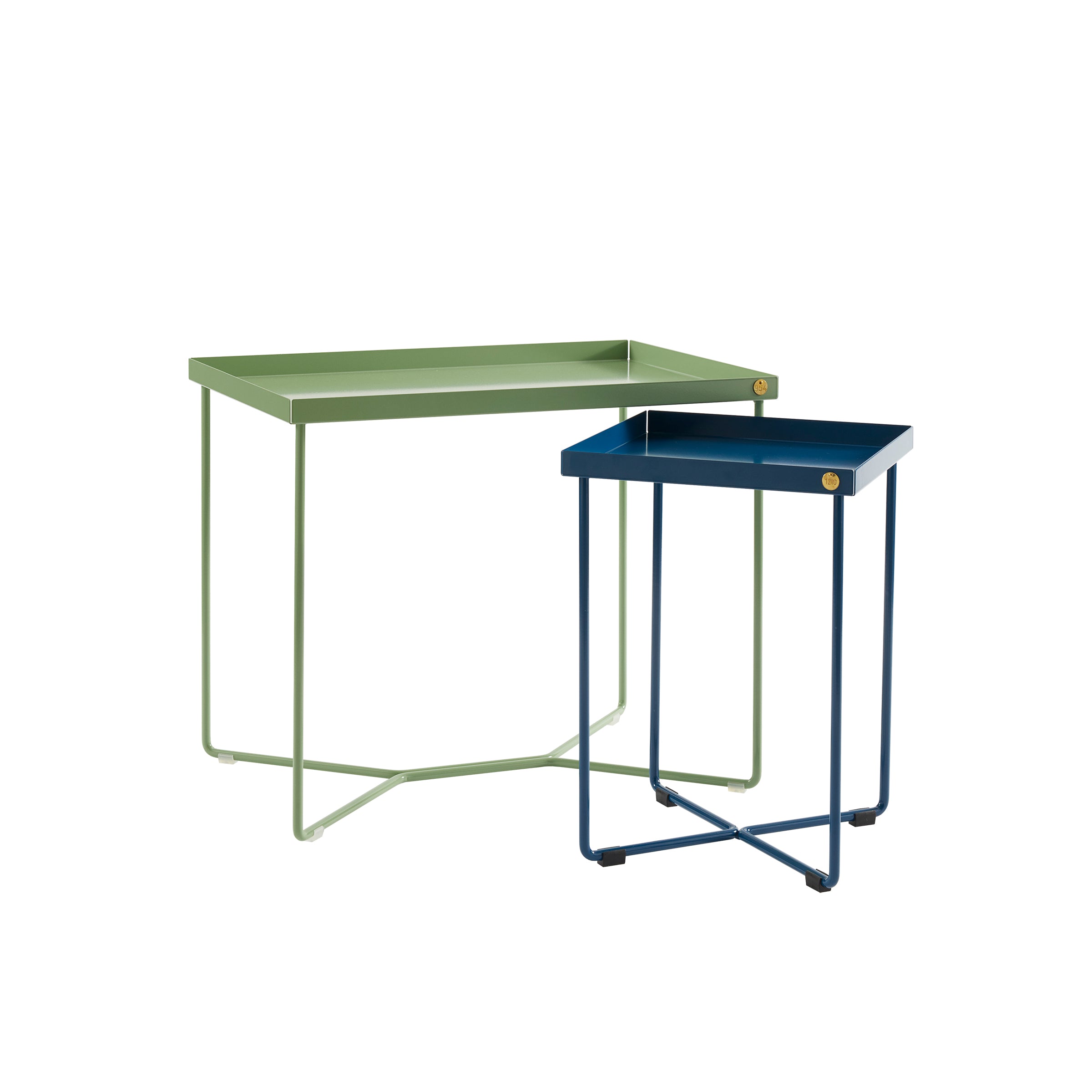 Victor Foxtrots POI SINGLE Side Tables feature a minimalist design with powder-coated steel frames and rectangular tops. The larger light green table and smaller dark blue table both have rimmed edges, making them a chic coffee table set.