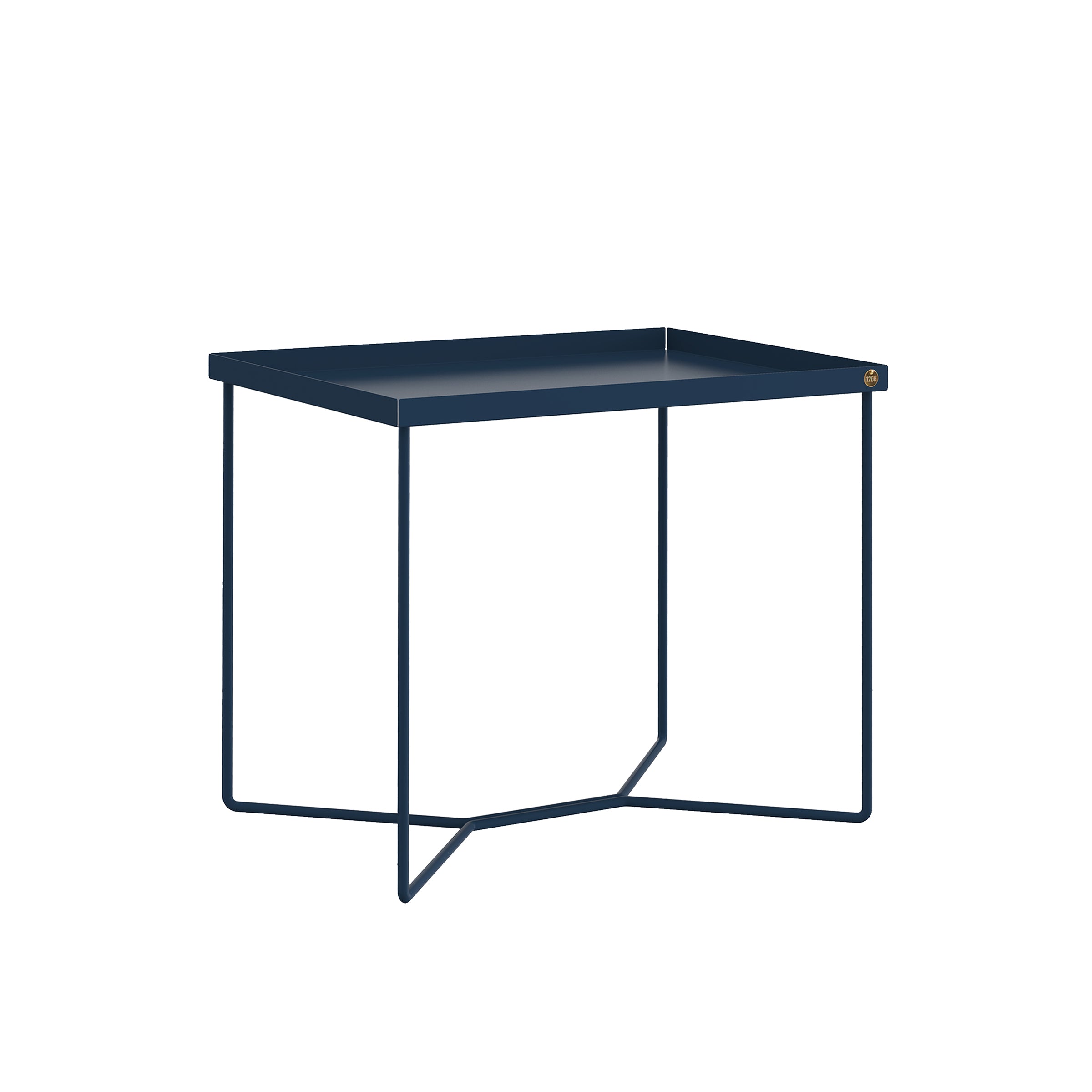 The POI SINGLE Side Table by Victor Foxtrot is a sleek, minimalist piece with a dark blue rectangular top and slim powder-coated steel legs. Its contemporary open frame design makes it an ideal, versatile coffee table for any living area.