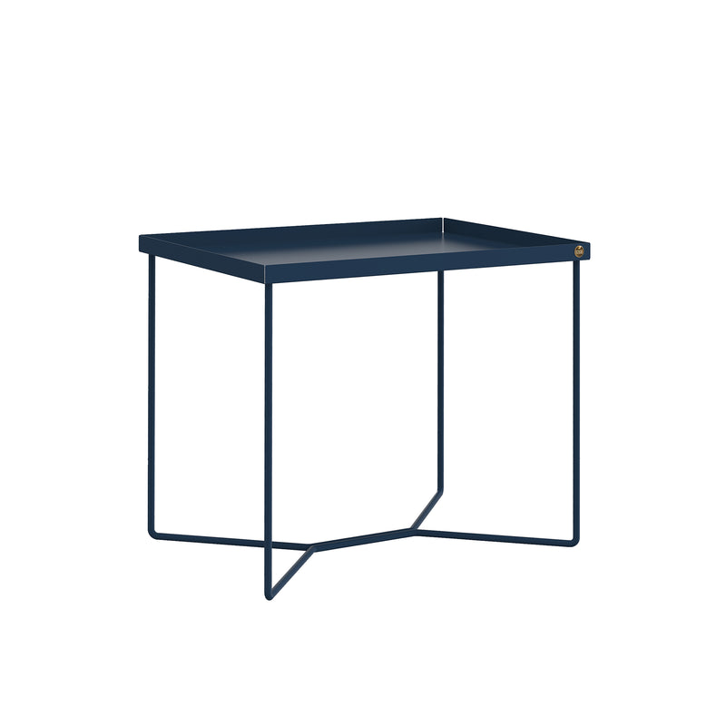 The POI SINGLE Side Table by Victor Foxtrot is a sleek, minimalist piece with a dark blue rectangular top and slim powder-coated steel legs. Its contemporary open frame design makes it an ideal, versatile coffee table for any living area.
