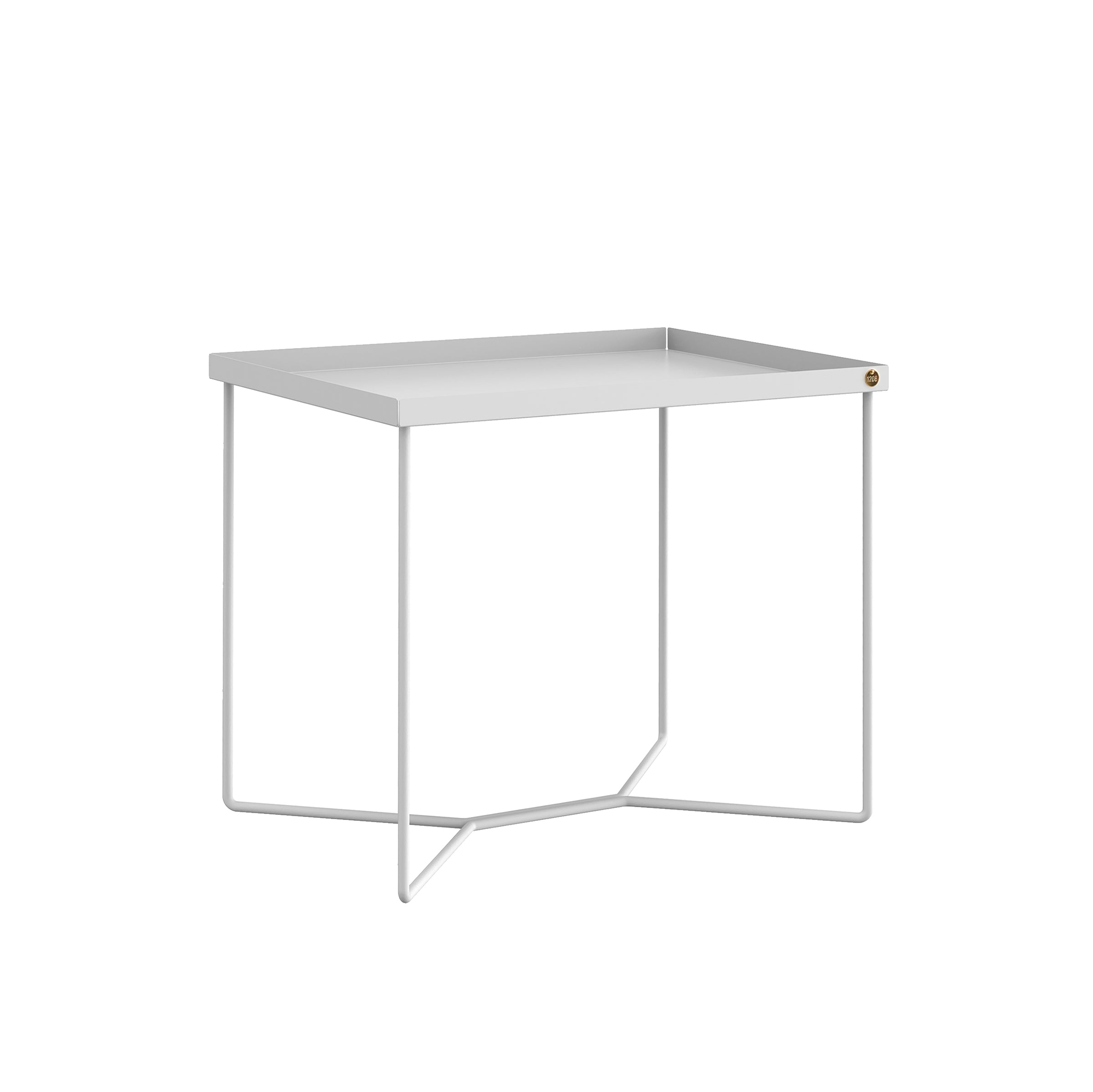 The POI SINGLE Side Table by Victor Foxtrot is a minimalist piece with a white rectangular top, sleek powder-coated steel legs, and a small brass accent in one corner.