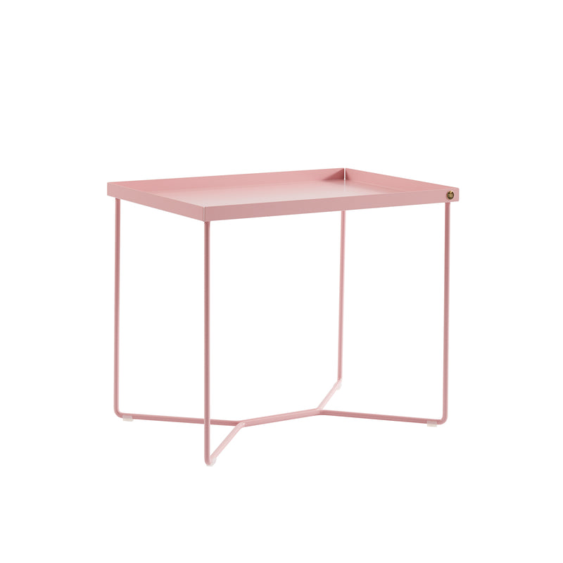 The POI SINGLE Side Table by Victor Foxtrot is a minimalist coffee table with a pink powder-coated steel design, featuring a flat rectangular top and thin, straight interconnecting legs for stability.