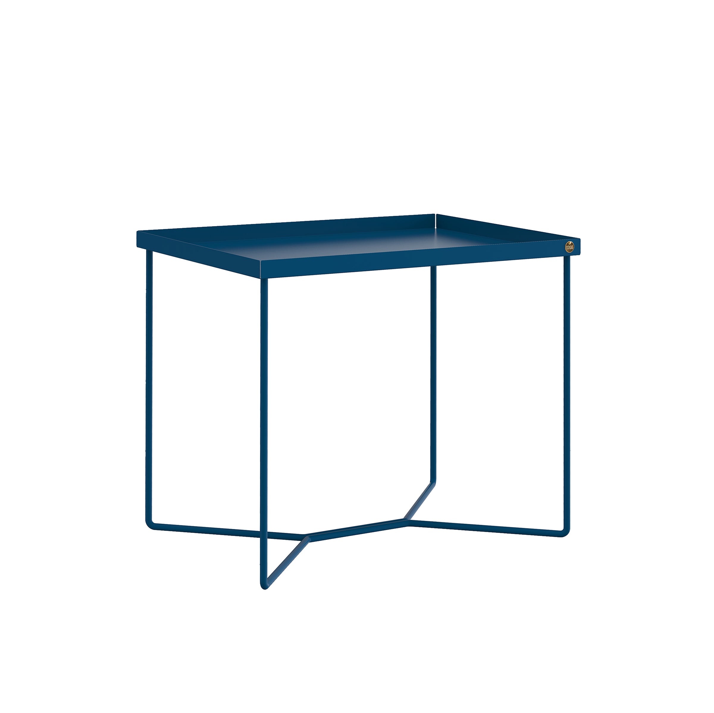 The POI SINGLE Side Table by Victor Foxtrot is a blue minimalist piece made from powder-coated steel, featuring a rectangular top with thin, angular legs and a slightly raised edge for a simple, modern design.
