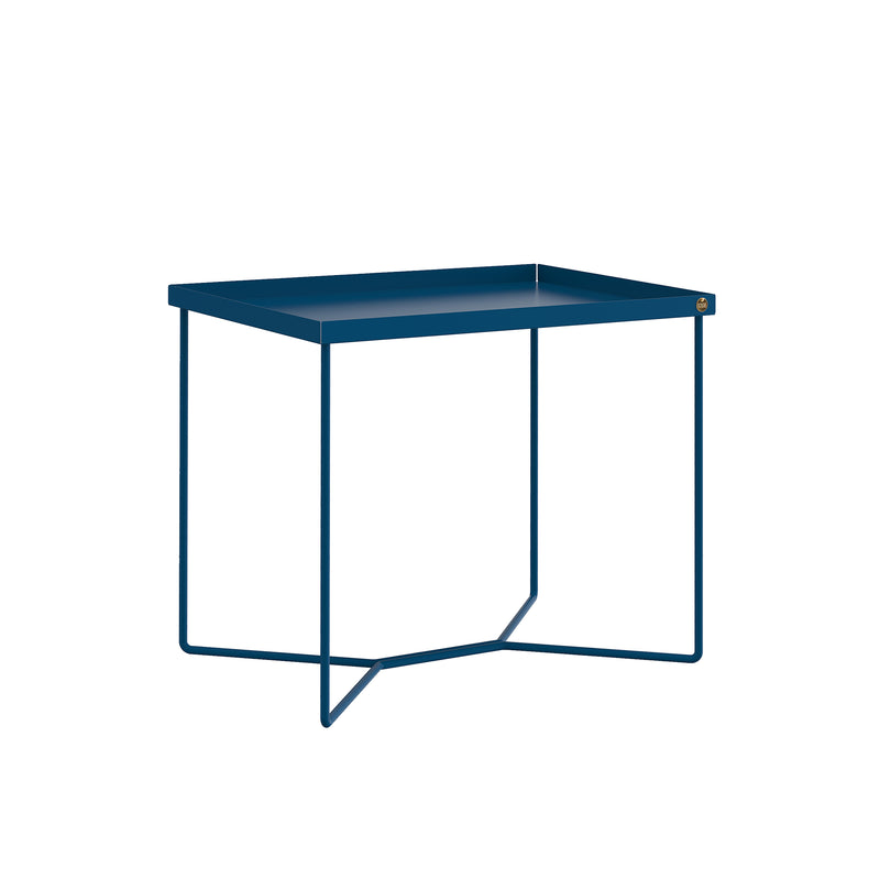 The POI SINGLE Side Table by Victor Foxtrot is a blue minimalist piece made from powder-coated steel, featuring a rectangular top with thin, angular legs and a slightly raised edge for a simple, modern design.