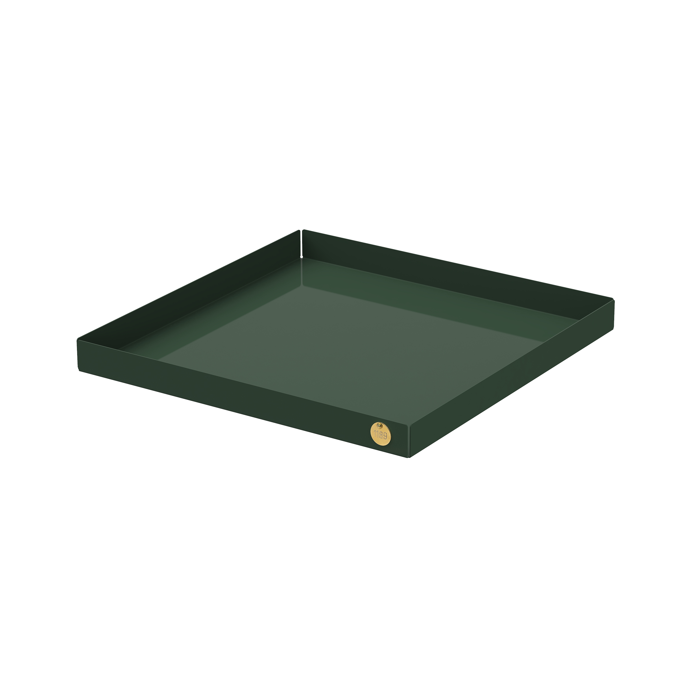The POI Tray XL by Victor Foxtrot is a square, dark green powder-coated steel tray featuring slightly raised edges and a small circular gold emblem on one side, ideal for design aficionados.