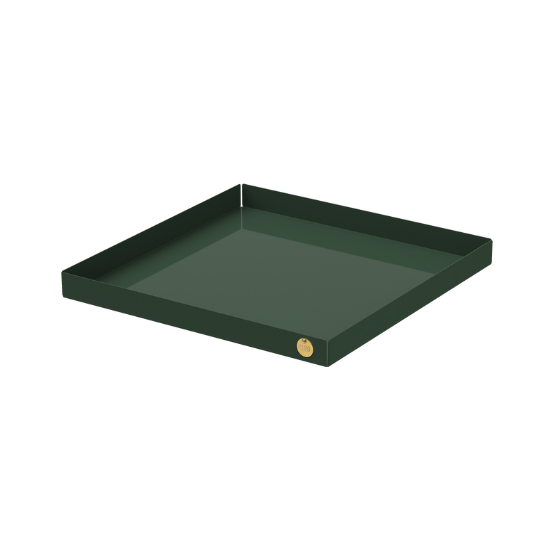 The POI Tray XL by Victor Foxtrot is a square, dark green powder-coated steel tray featuring slightly raised edges and a small circular gold emblem on one side, ideal for design aficionados.