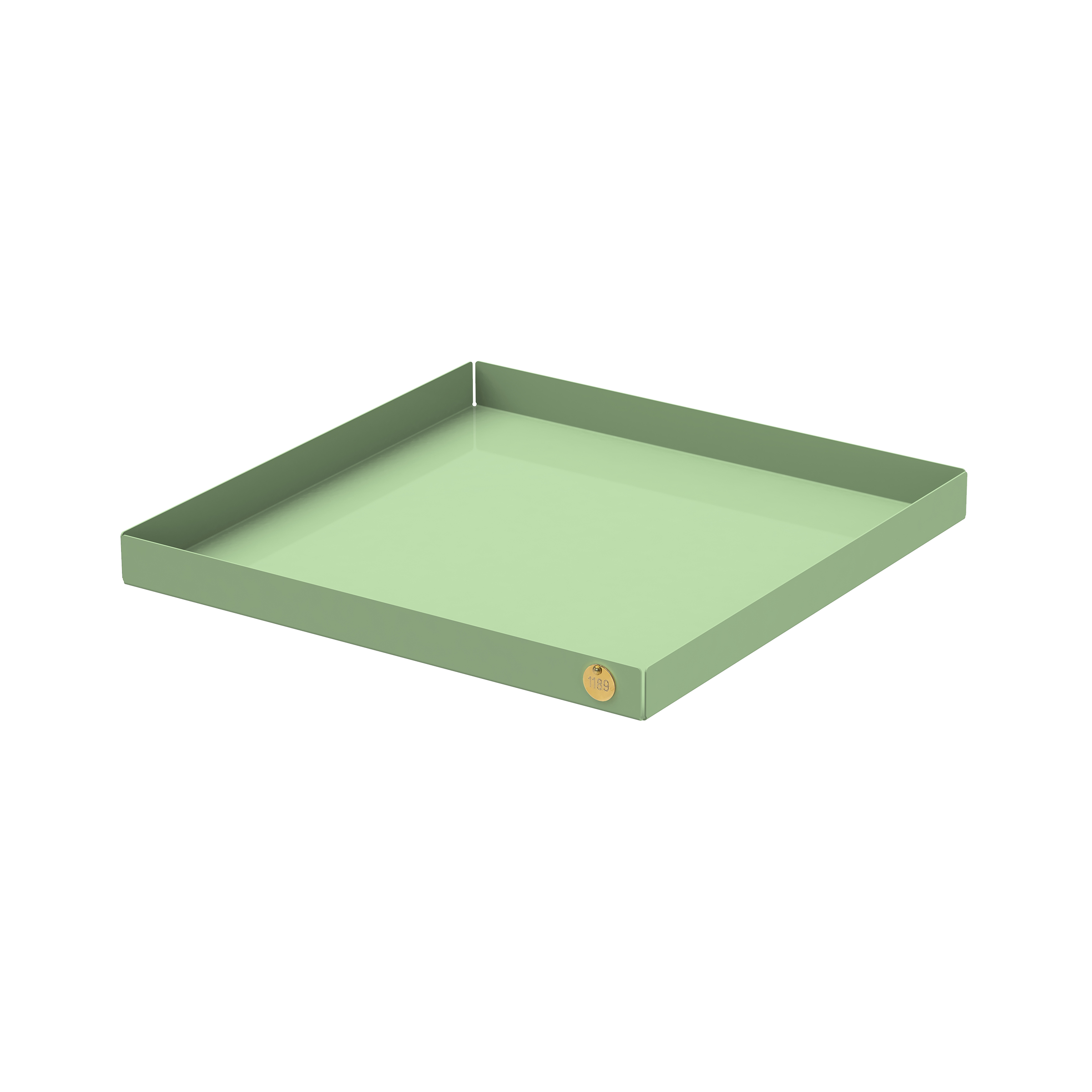 The POI Tray XL by Victor Foxtrot is a square, shallow tray crafted from powder-coated steel in muted green. Its minimalist design is enhanced by a small round sticker in one corner, adding sleek appeal against a plain white background.