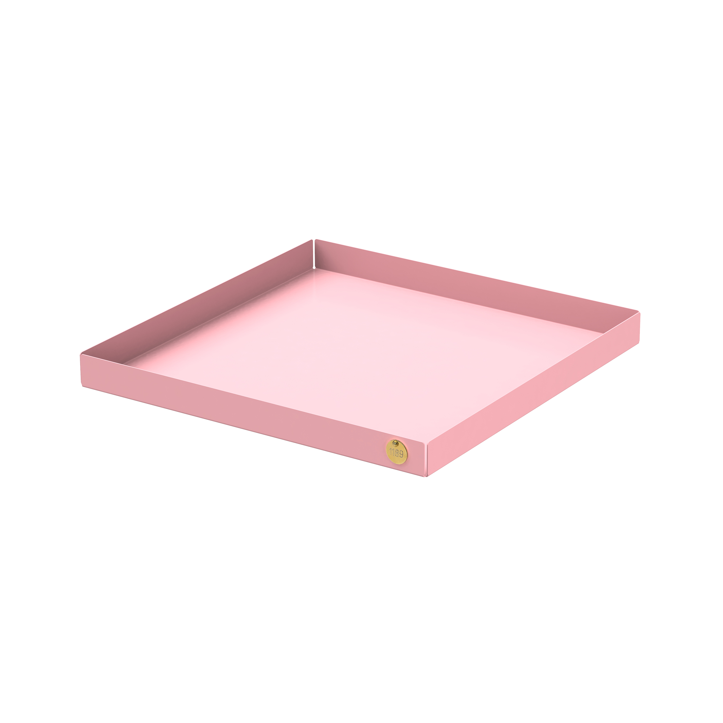 The POI Tray XL by Victor Foxtrot is a pink, square, shallow tray crafted from powder-coated steel with raised edges and a gold emblem. Its sleek, minimalistic design and soft, glossy finish make it perfect for design lovers seeking elegance.
