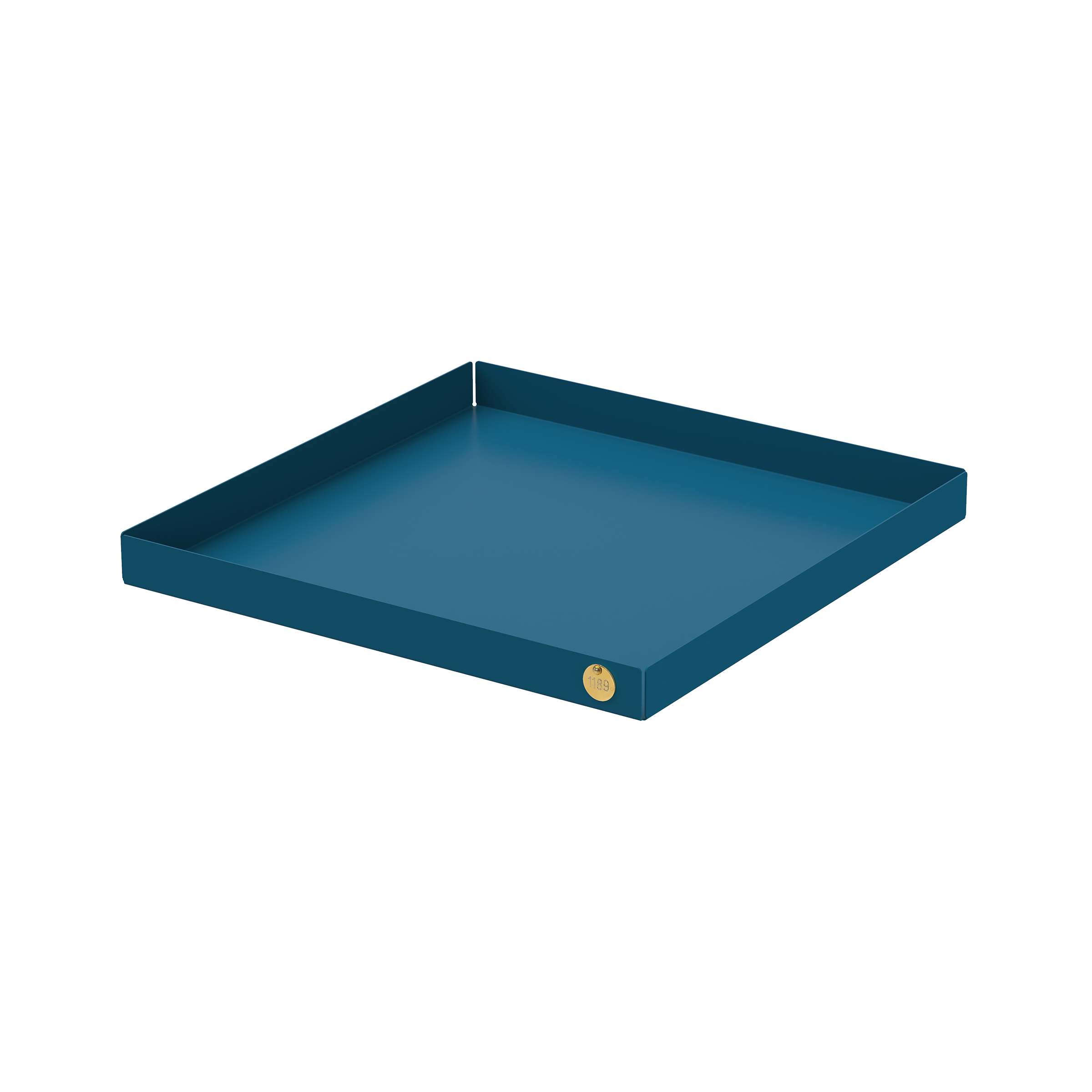 The POI Tray XL by Victor Foxtrot is a square, teal tray made from powder-coated steel, featuring raised edges and a small gold circular emblem on one corner. Perfect for design lovers, it rests elegantly on a plain white background.