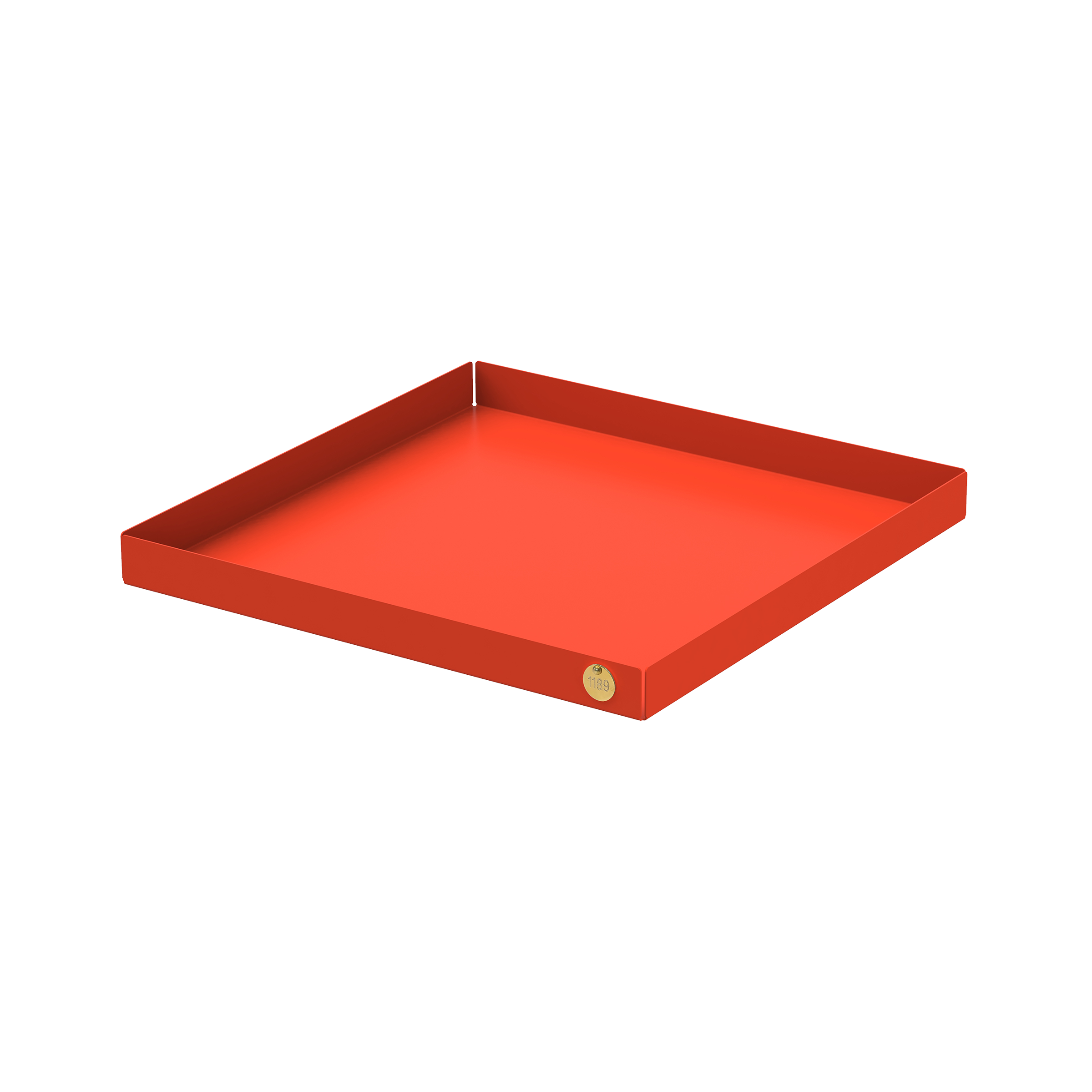The POI Tray XL by Victor Foxtrot is a red, square tray made of powder-coated steel with a low rim and small round gold emblem. Its smooth surface stands out against a white background, making it a favorite among design lovers and ideal for POI trays enthusiasts.